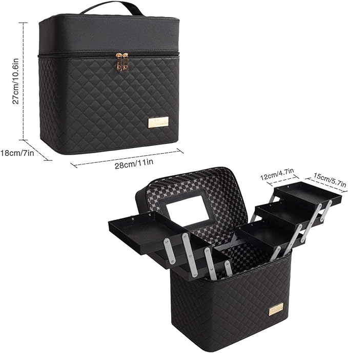 Cosmetic Bag with Mirror for Travel Vanity,Large Makeup Organizer Bag with 6 Compartments 3 Layer Drawers,Toiletry Bag for Women Men (Black)