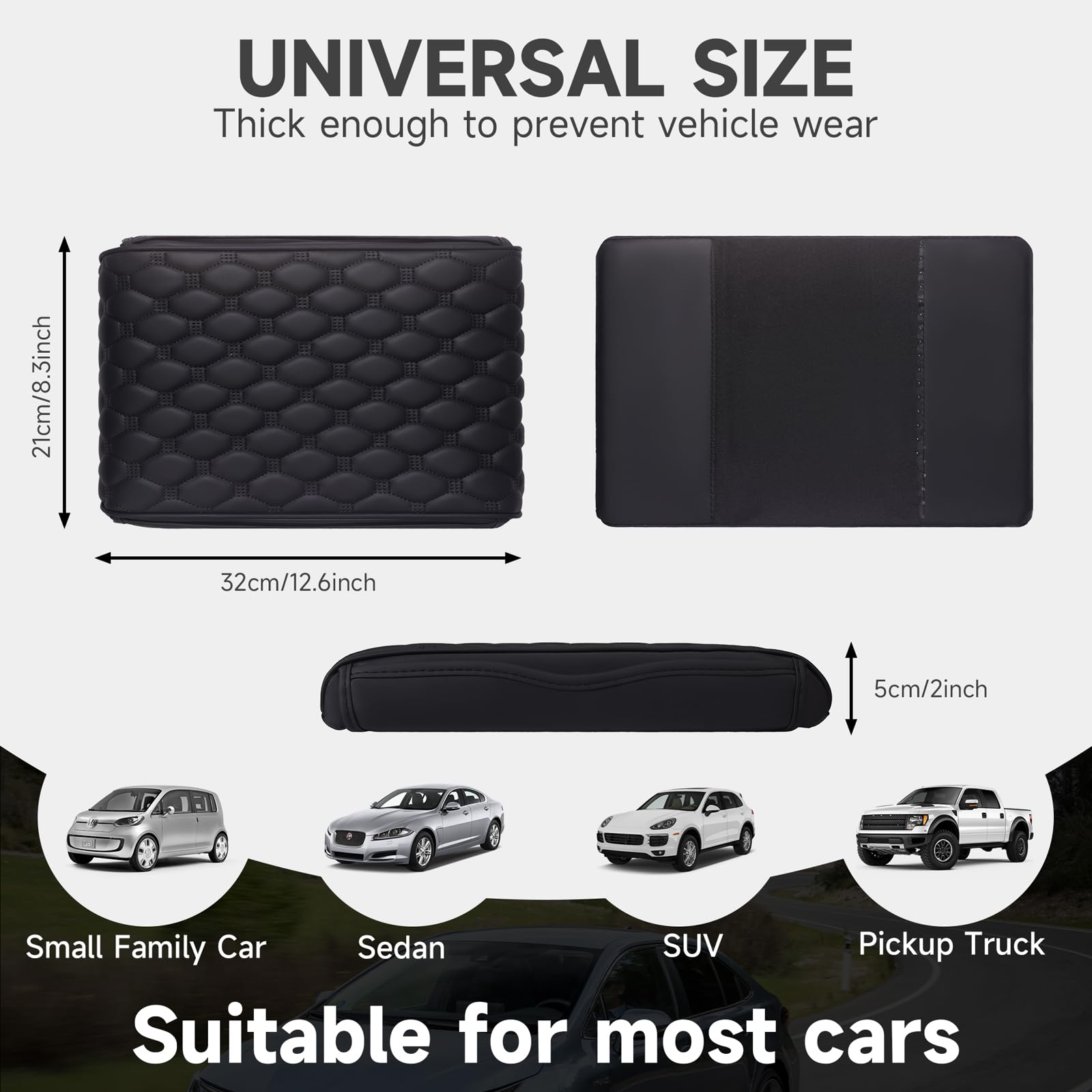 EINESIN Universal Fit for Most Cars PU Leather Memory Foam Armrest Cushion Center Console with Storage Bag, Black