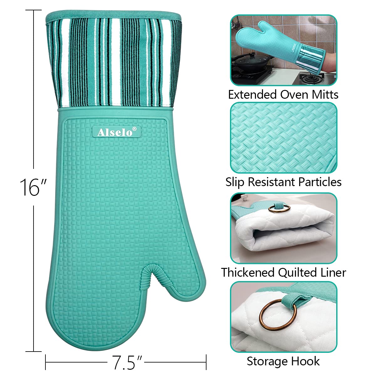 Alselo Heat Resistant 550 Degree Extra Long Silicone Oven Mitts, Teal