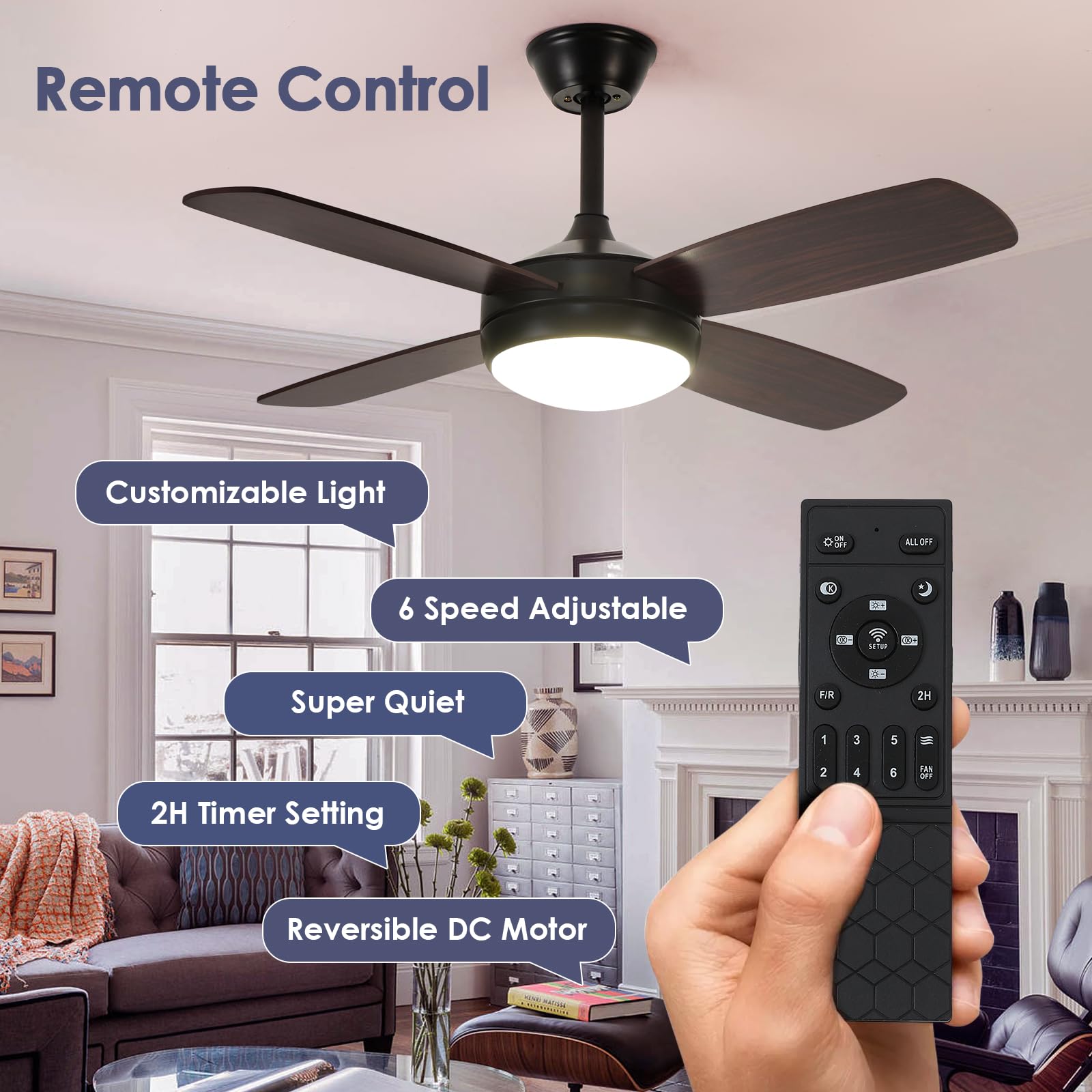 Asyko Black Ceiling Fans with Lights and Remote, 42" Modern Low Profile Ceiling Fan with App and Dimmable, Farmhouse Fan for Indoor/Outdoor Covered Patios