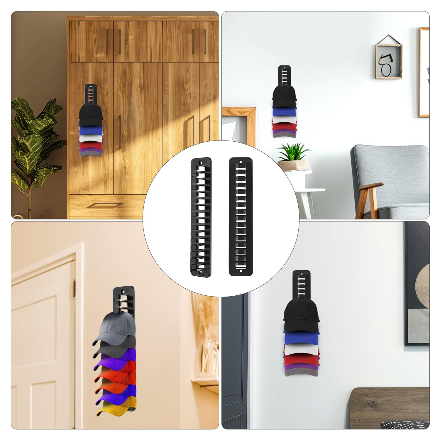 BOXOB 2pcs Wall Door Closet Plastic Hat Organizer for Baseball Caps Adhesive Hook, Storage Display Rack, BLACK