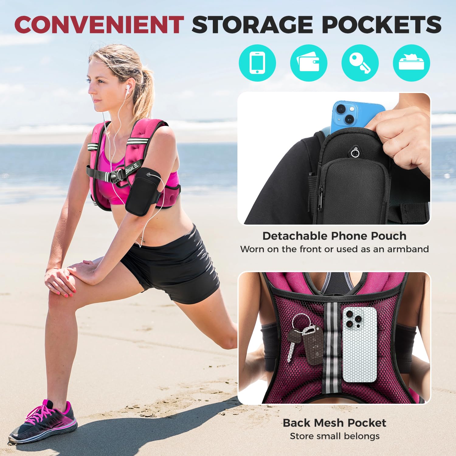 BAGAIL Adult's Weighted Vest with Detachable Phone Pouch, Rucking Vest, Walking, Weight Loss, Training, Running