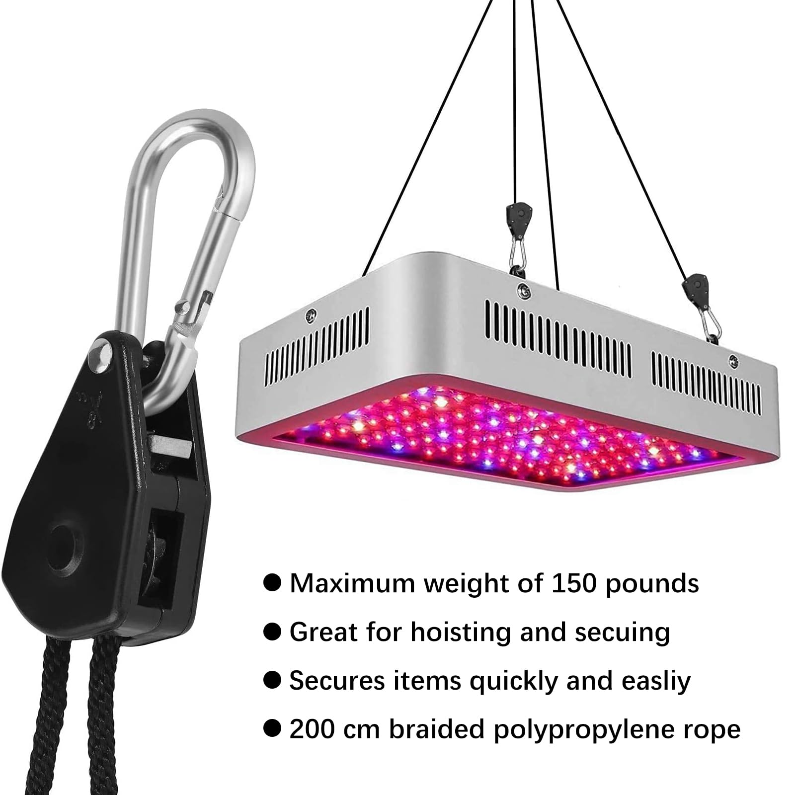 DMZK 4Pcs 1/8 Inch Hanging Rope Ratchet, Adjustable Heavy Duty Ratchet Rope Hanger, Rope Clip Hanger for Grow, Light Fixtures, Gardening,150lb Capacity