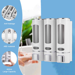 3Pcs 400ml Shower Soap Dispenser Wall Mounted Shampoo and Conditioner Dispenser Adhesive Handwashing Fluid 3 Separating Chamber Manual Shower Soap for Bathroom Hotel