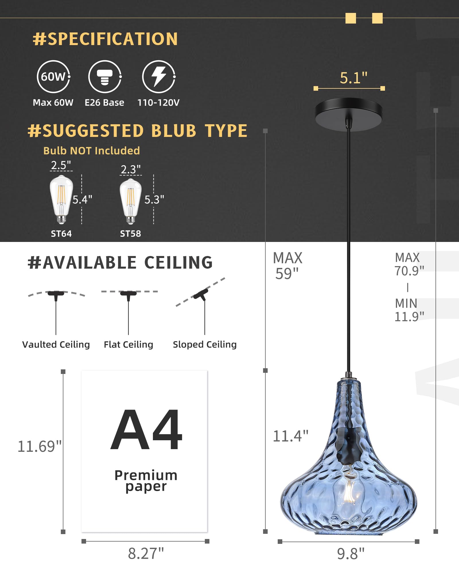 AUTELO Blue Pendant Lights Kitchen Island, 10" Hammered Glass Pendant Lights, Modern Pendant Light Fixtures in Matte Black Finish, Hanging Lamp for Dining Room, Kitchen Sink, H9164 BU