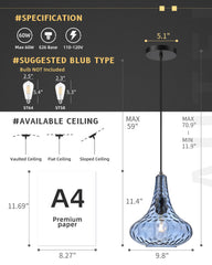 AUTELO Blue Pendant Lights Kitchen Island, 10" Hammered Glass Pendant Lights, Modern Pendant Light Fixtures in Matte Black Finish, Hanging Lamp for Dining Room, Kitchen Sink, H9164 BU