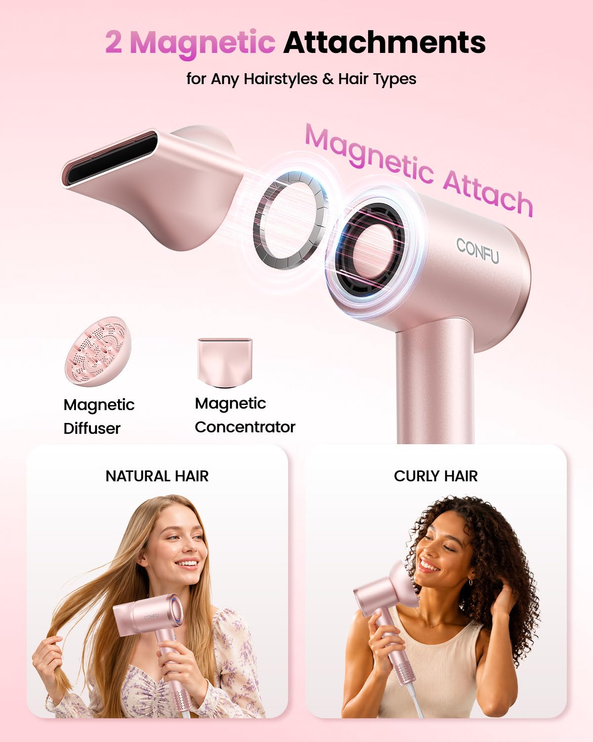 CONFU High Speed Professional Ionic Blow Dryer with Diffuser for Fast Drying, Hair for Curly Hair, PINK