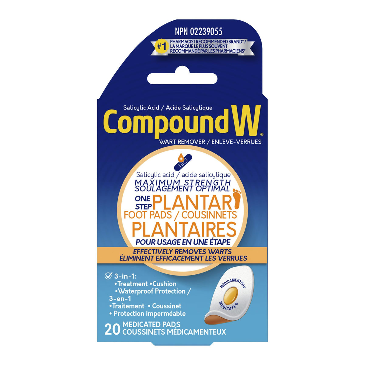 Compound W Wart Remover One Step Medicated Foot Pads- 20 Count - With Salicylic Acid, Maximum Strength, Effective Wart Removal