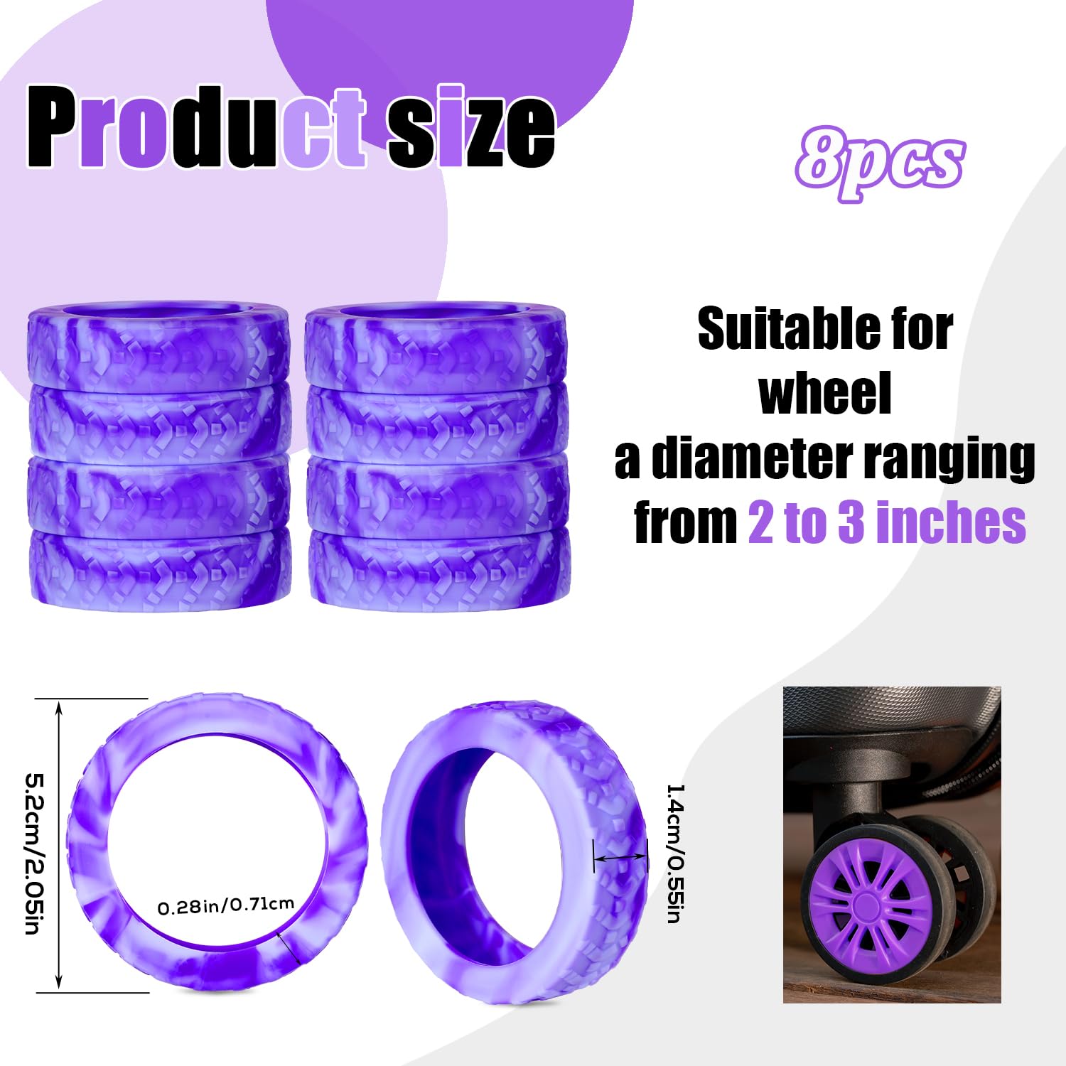 BOXOB 8pcs Thickened Dopamine Silicone Luggage Spinner Wheel Covers Luggage Wheel Accessories for Most 8 Caster Luggage, Purple