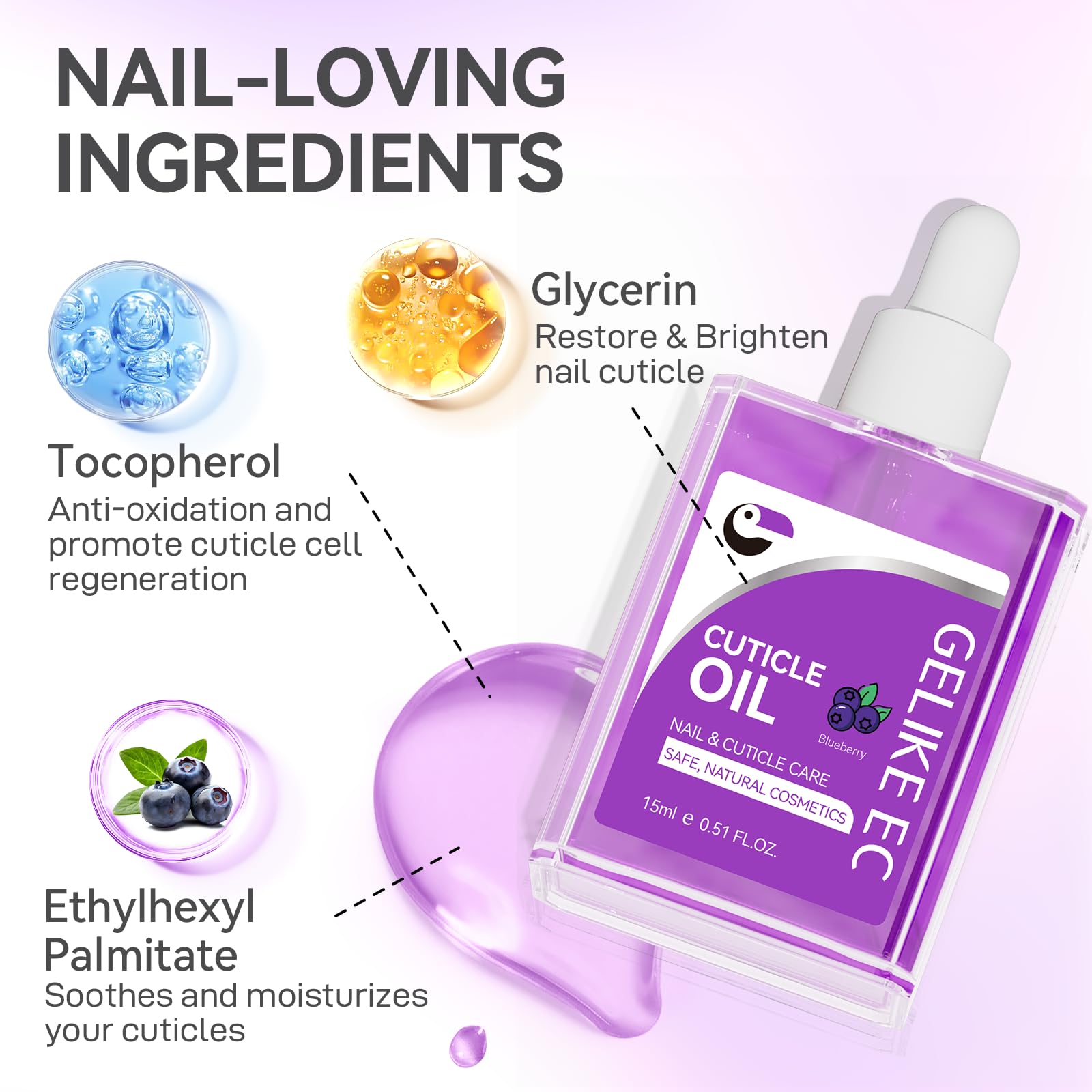 15ml Nail Cuticle Oil for Moisturize and Repair - GELIKE EC Easy and Quick Absorb Cuticles Care Treatment - Natural Blueberry Smells for Women and Men Dry Damaged Thin Nails