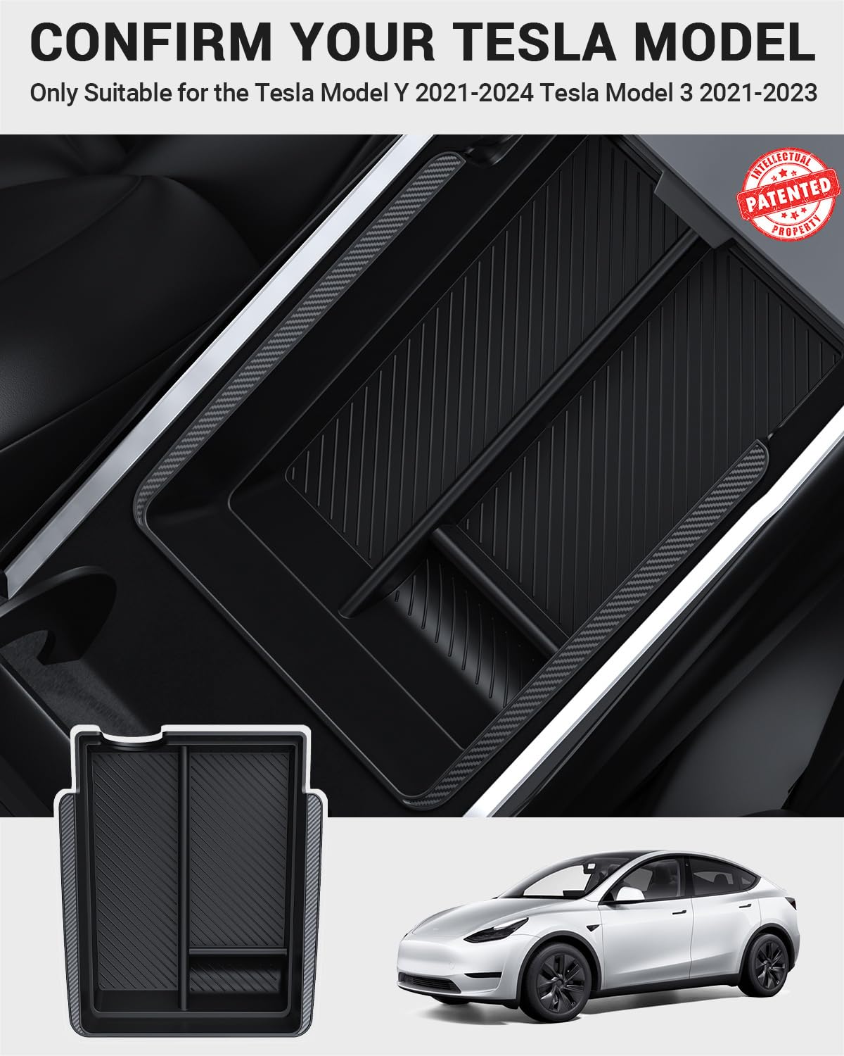 BASENOR Upgraded Tesla Model Y Model 3 Armrest Console Organizer (Carbon Edition) Armrest Storage Box Compatible with Tesla Model Y 2021-2024 Tesla Model 3 2021-2023 Interior Accessories