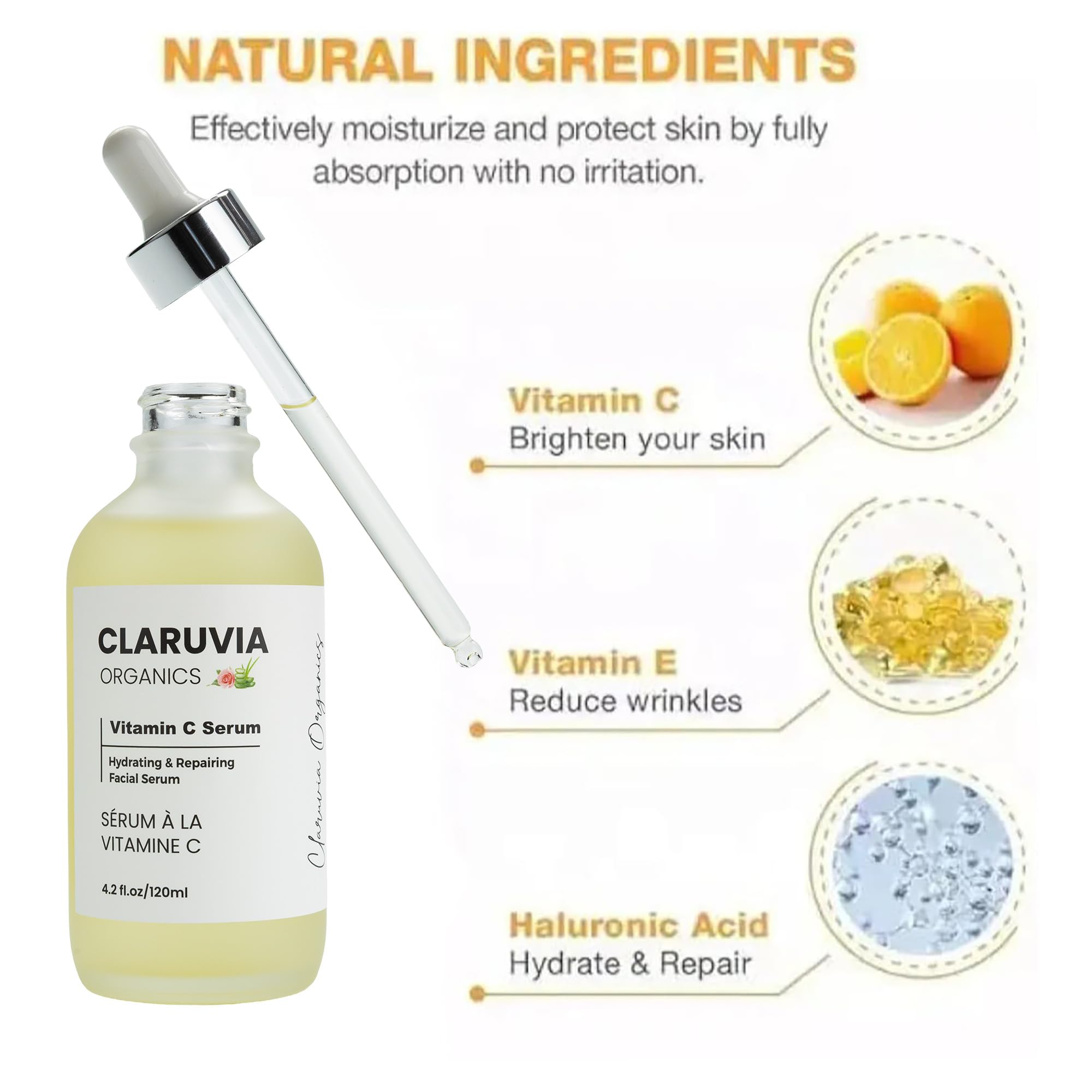 CLARUVIA 120ml Natural Vitamin C Serum All-Natural Moisturizer Facial Skincare for Ladies and Men | Toning and Hydrating with Hyaluronic Acid, Vitamin E, Rosa Casina Extract, Aloe Vera Extract | Anti Aging, Skin Repairing and Brightening