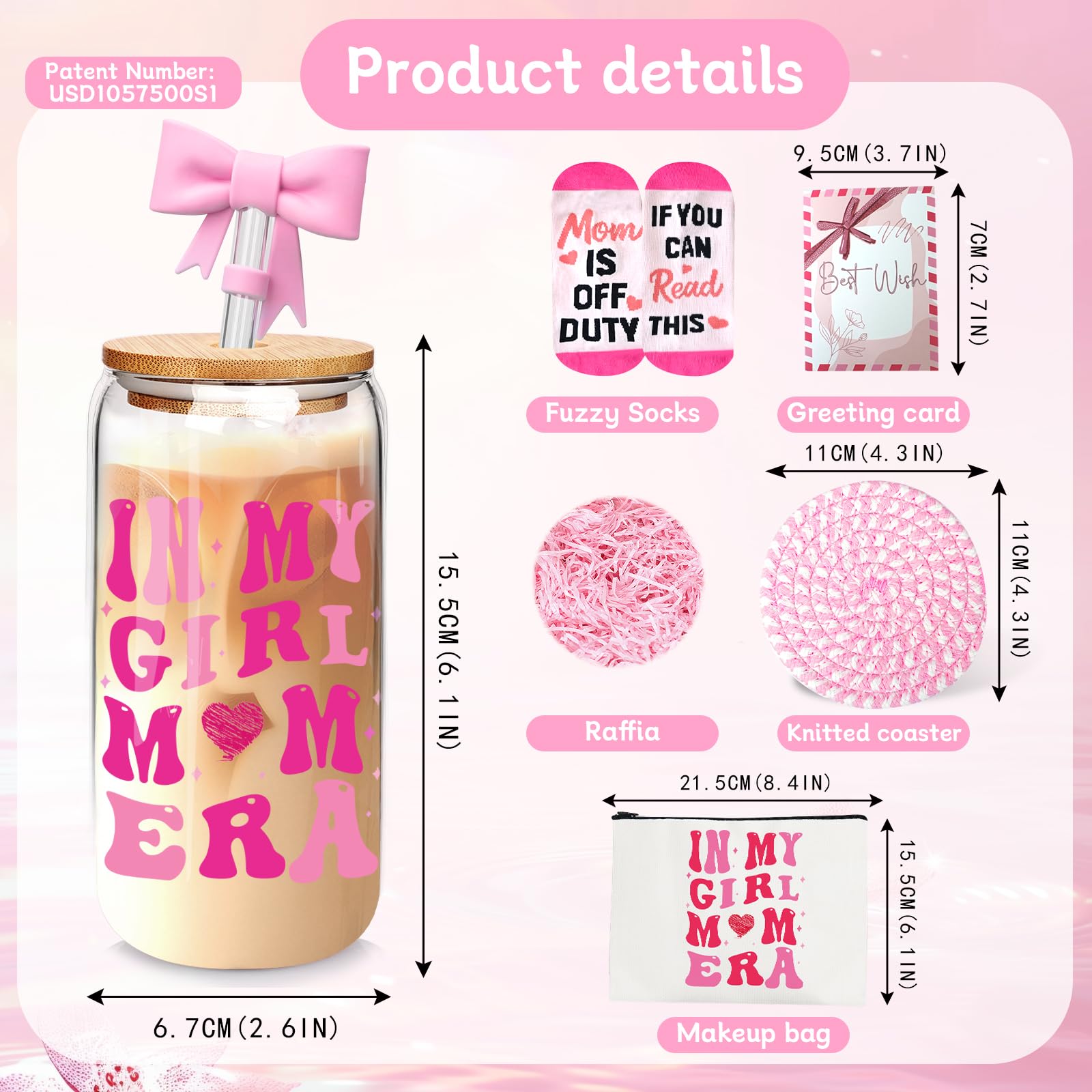 ANOTION in My Girl Mom Era Gift Set - Girl Mom Iced Coffee Cups, Mothers Day Coffee Mug with Straw, New Mom Gifts, Mother's Day Card, Mama Birthday Gift, Glass Tumbler Drinking Cup for Mother