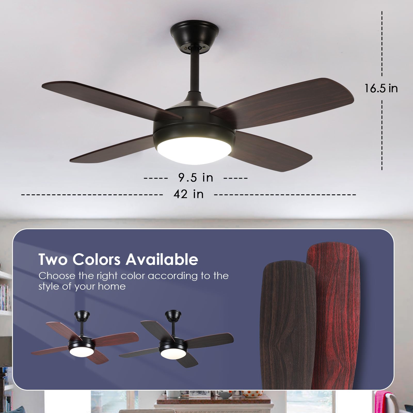 Asyko Black Ceiling Fans with Lights and Remote, 42" Modern Low Profile Ceiling Fan with App and Dimmable, Farmhouse Fan for Indoor/Outdoor Covered Patios