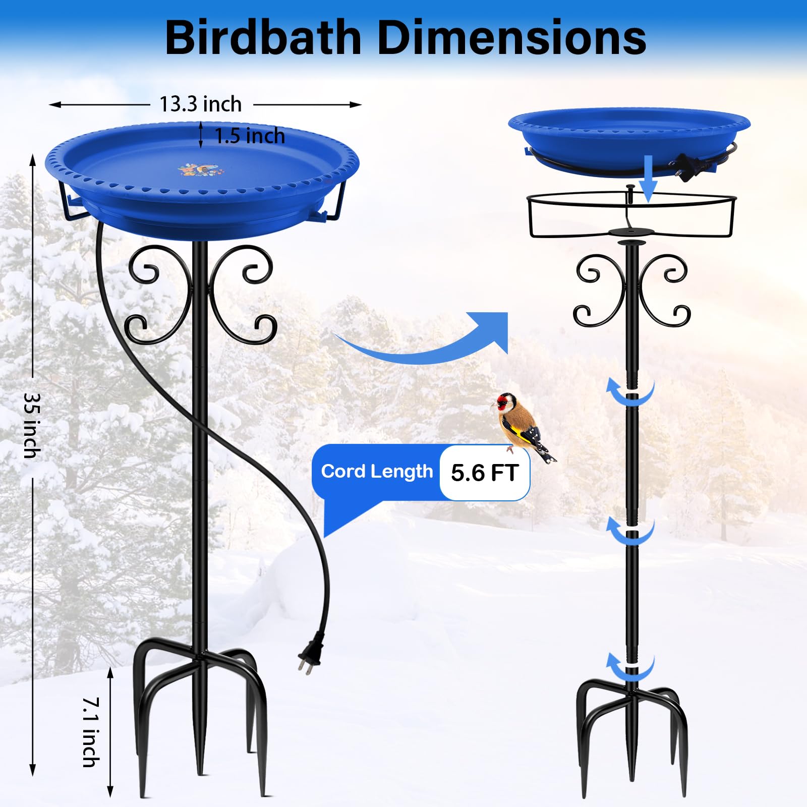 Daoeny Outdoor 100W Heated Birdbath Bowl Thermostat Control with 5-Prong Metal Base