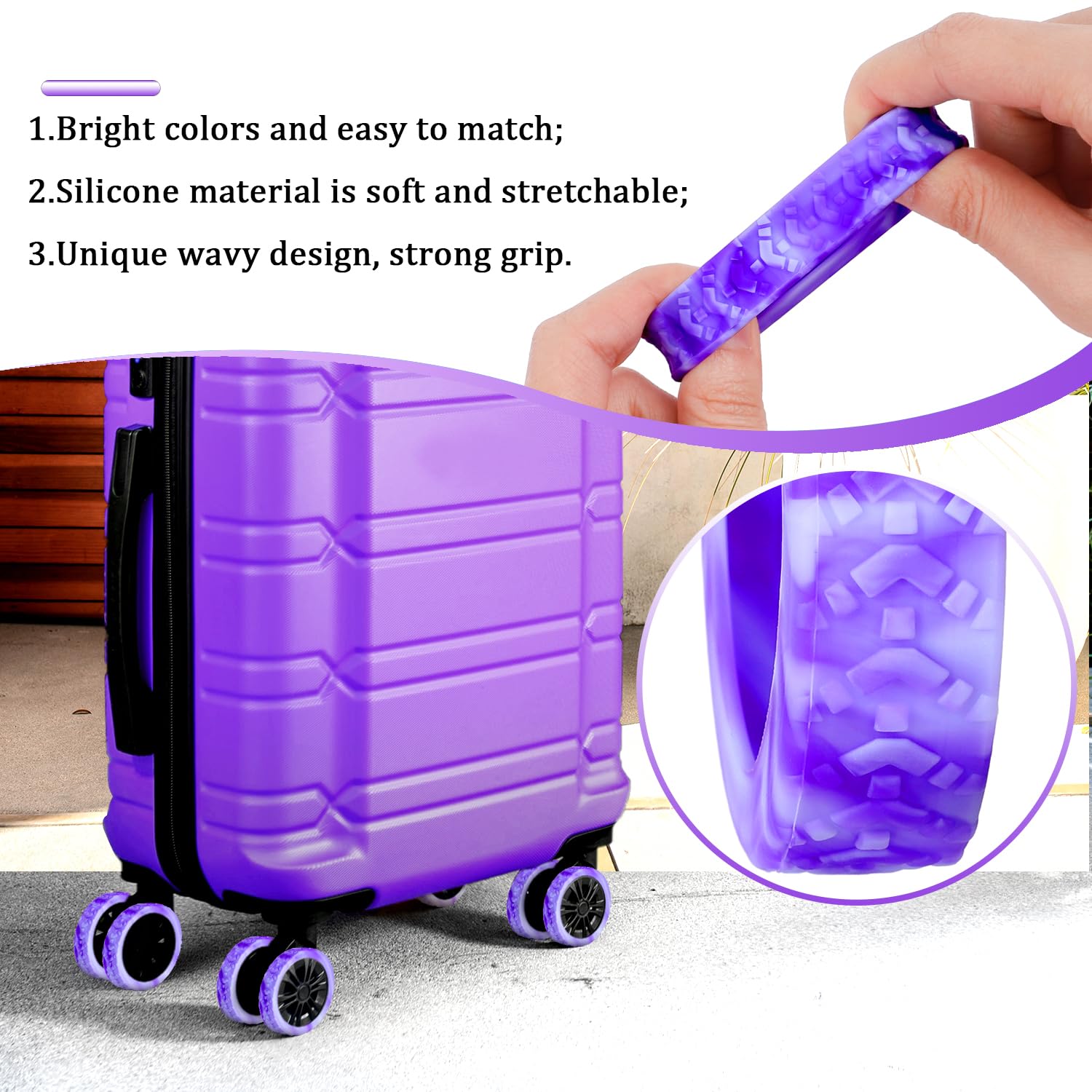 BOXOB 8pcs Thickened Dopamine Silicone Luggage Spinner Wheel Covers Luggage Wheel Accessories for Most 8 Caster Luggage, Purple