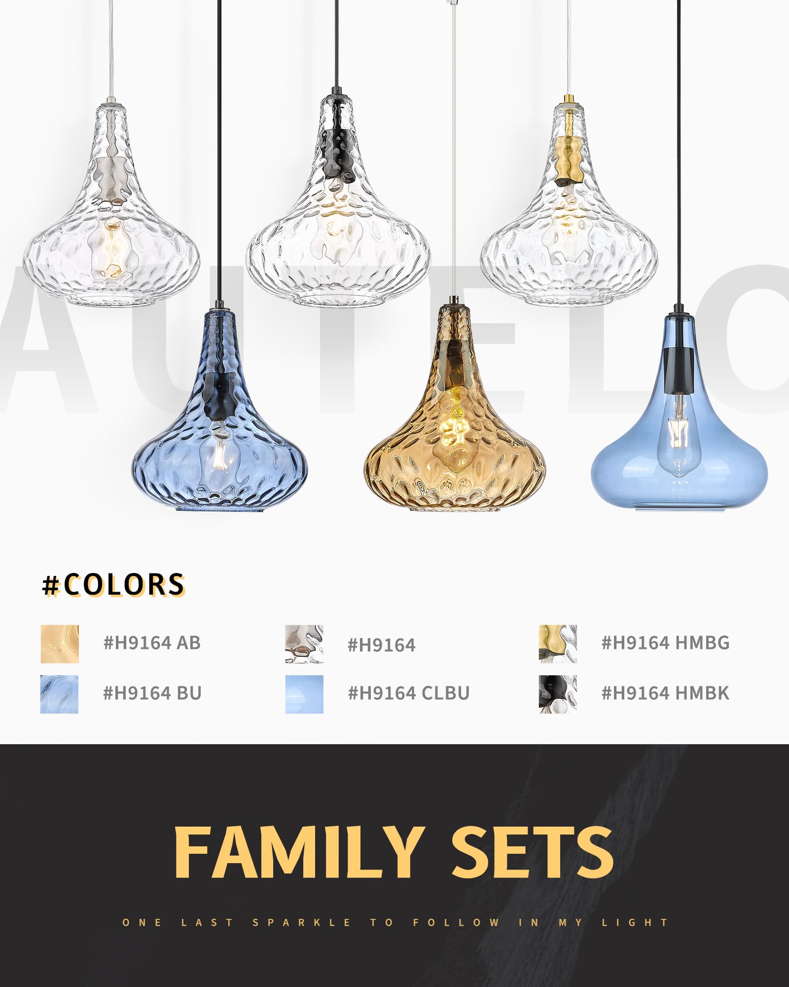 AUTELO Blue Pendant Lights Kitchen Island, 10" Hammered Glass Pendant Lights, Modern Pendant Light Fixtures in Matte Black Finish, Hanging Lamp for Dining Room, Kitchen Sink, H9164 BU