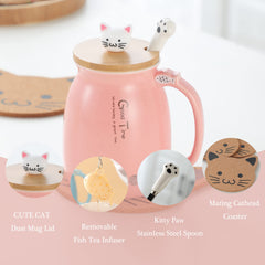 BigNoseDeer Kawaii Cute Cat 13oz Ceramic Coffee Mug Gift Set, Pink