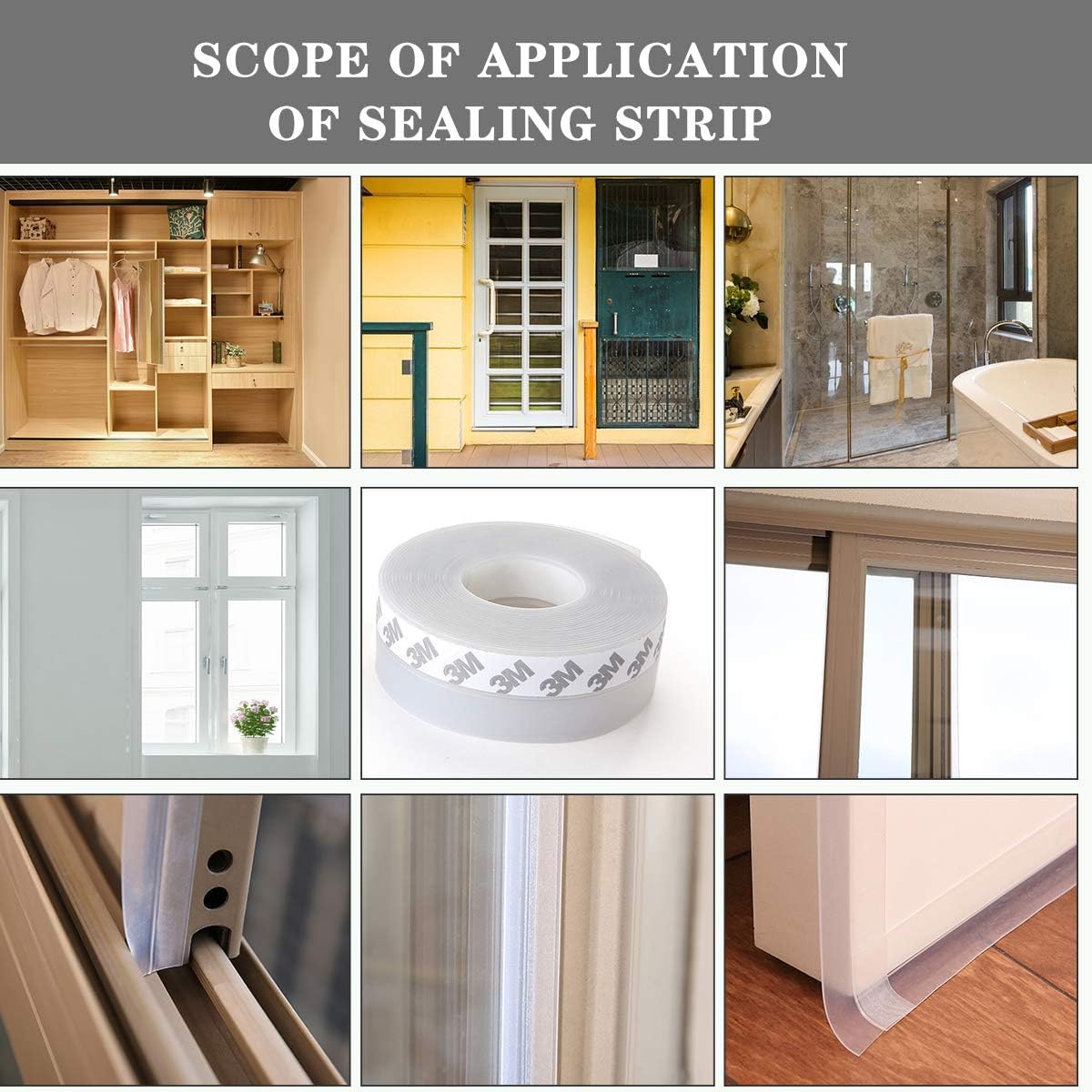 33Ft Silicone Seal Strip,Weather Stripping for Door or Window,Weatherproof Soundproof Self Adhesive Door Strip Bottom, Door Draft Stopper Silicone Strip Tape for Door Window and Shower Glass