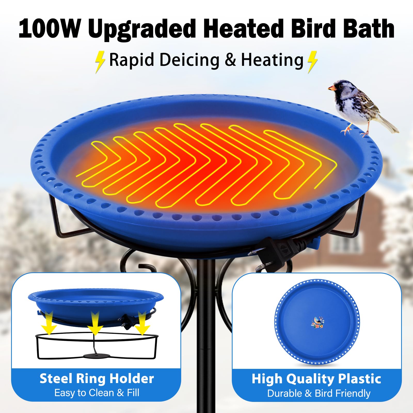 Daoeny Outdoor 100W Heated Birdbath Bowl Thermostat Control with 5-Prong Metal Base