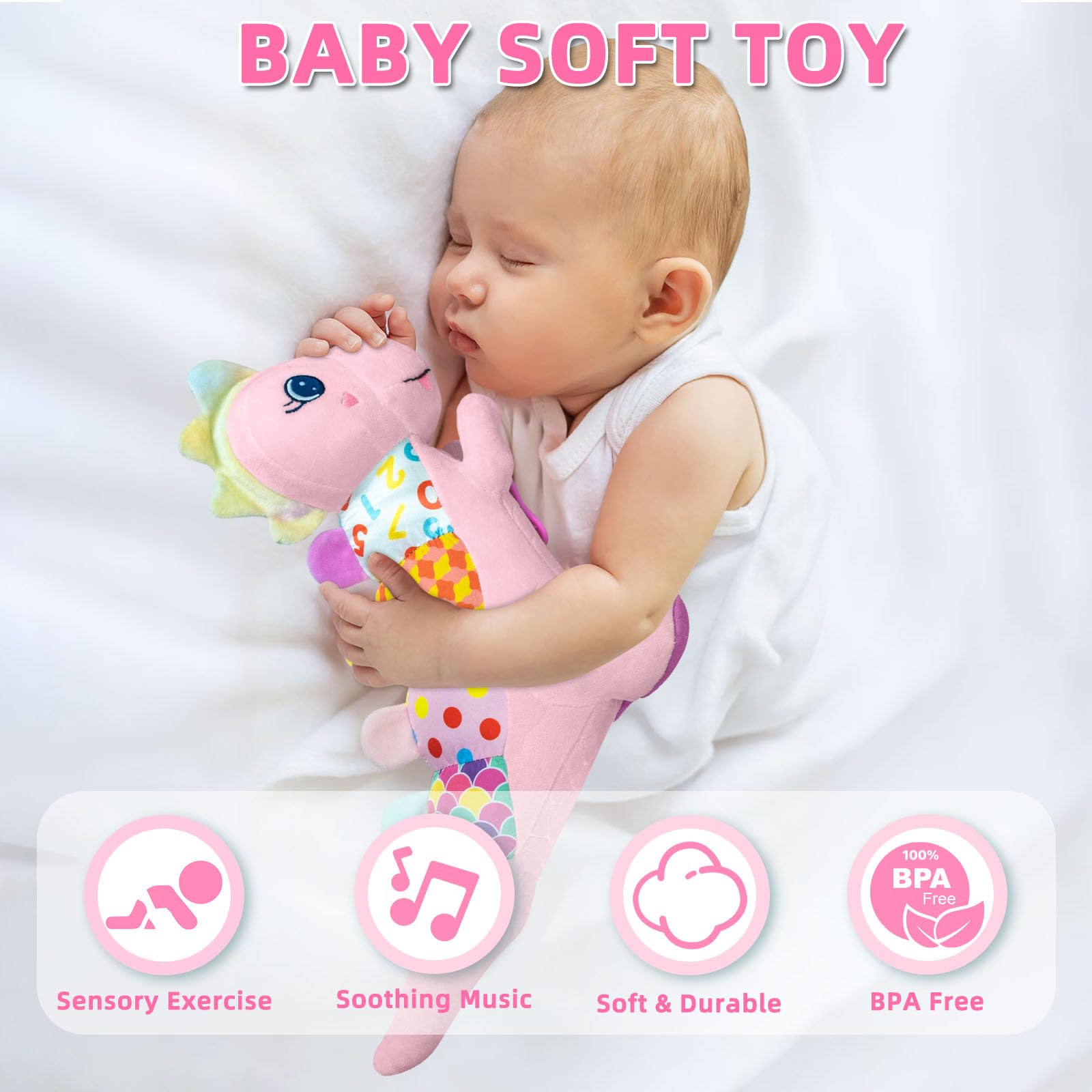 Baby Sensory Dino Musical Stuffed Animal Toys for 0-3-6-9-12 Months .Infant Dinosaur Tummy Time Toys with Crinkle Sound Paper .Teether .Textures & Rattles for Newborn Boys Girls Birthday Gifts .Pink