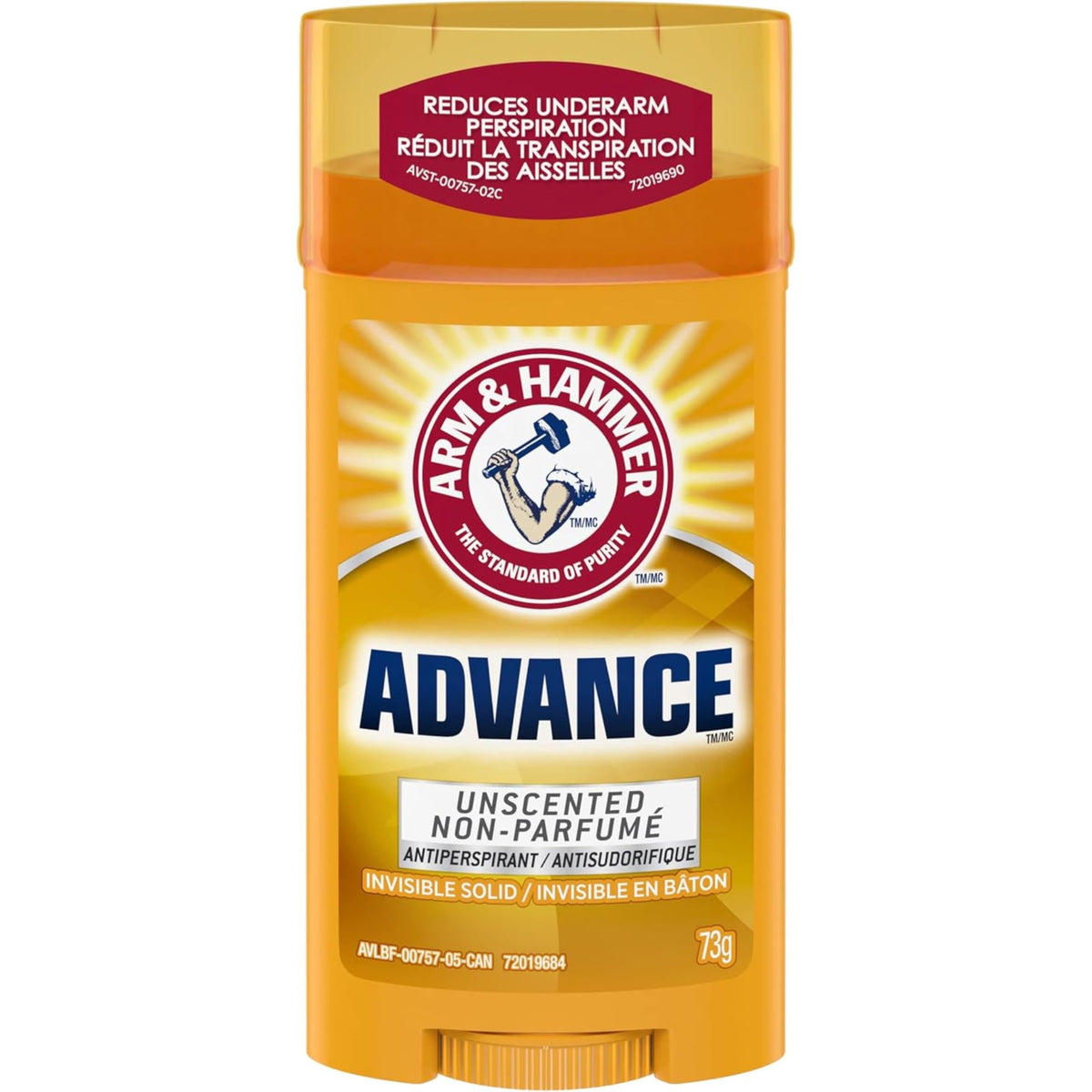 Arm & Hammer Advance Invisible Solid Antiperspirant Deodorant Stick, Unscented, Powered by Baking Soda, 48H Protection, 73g