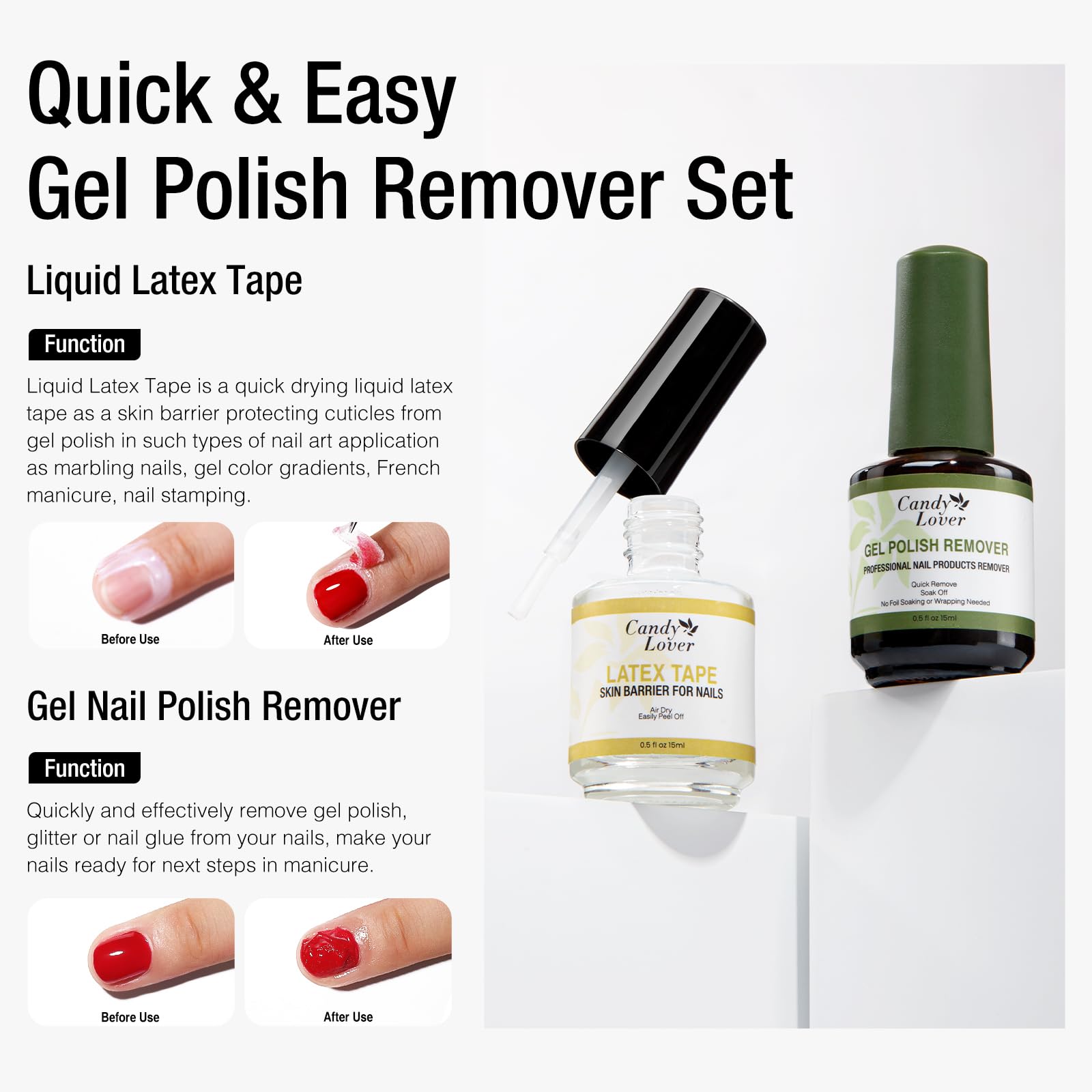 Candy Lover Gel Nail Polish Remover Kit - Gel Polish Remover and Latex Tape Peel Off Liquid with Cuticle Pusher&Nail File, Gel Remover for Nails in 3-5 Minutes, Nail Art Liquid Latex Barrier Protector