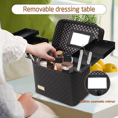 Cosmetic Bag with Mirror for Travel Vanity,Large Makeup Organizer Bag with 6 Compartments 3 Layer Drawers,Toiletry Bag for Women Men (Black)