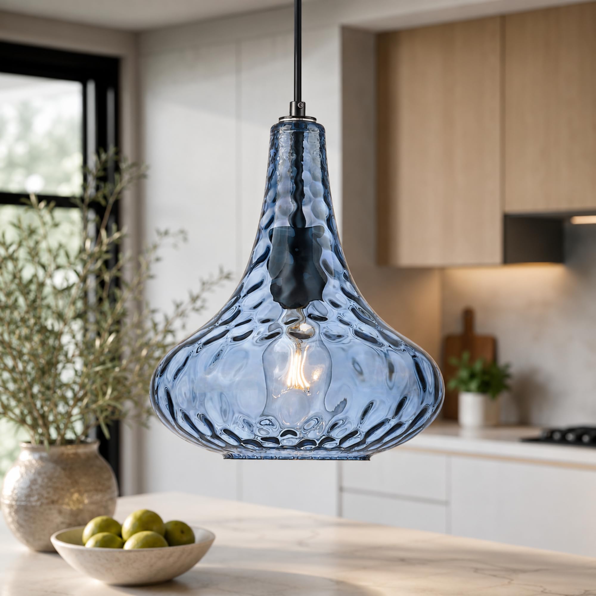 AUTELO Blue Pendant Lights Kitchen Island, 10" Hammered Glass Pendant Lights, Modern Pendant Light Fixtures in Matte Black Finish, Hanging Lamp for Dining Room, Kitchen Sink, H9164 BU