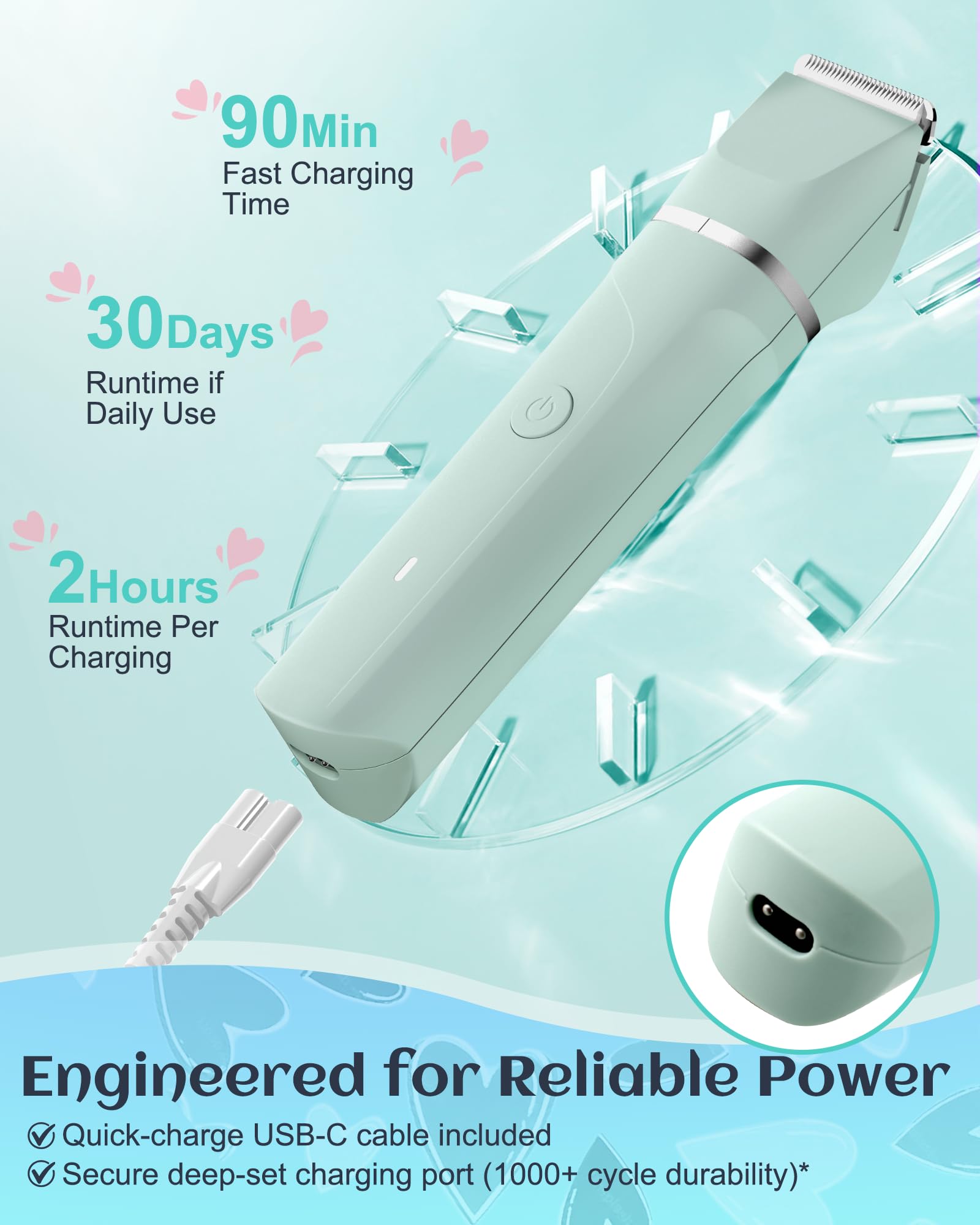 AREYZIN Women's Waterproof Wet & Dry Use Rechargeable Electric Razor Trimmer for Bikini, Legs, Pubic Hair with Snap-in Ceramic Blades IP7X Washable Head, Green