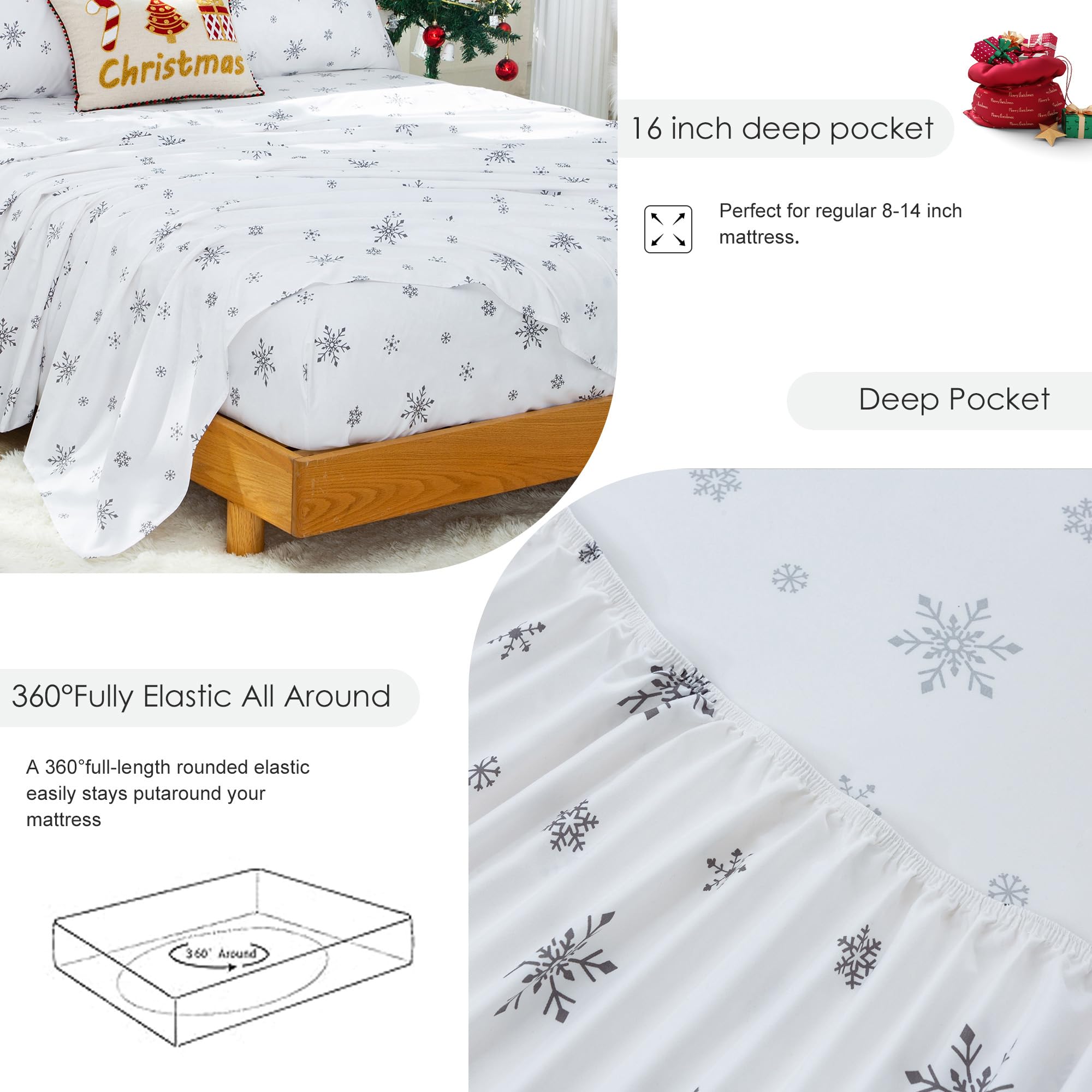 COTTEBED All Season Snowflakes Twin Size Bedding Sets - Cute White Snow Bed Sheet Sets with Pillowcase 15 inch Pocket for Kids Boy Girl Children - Xmas Super Soft Polycotton - Gifts Package