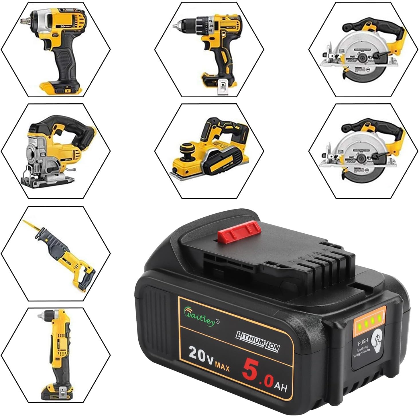 2 Pack Waitley 20V 5.0Ah Replacement Battery Compatible with Dewalt DCB200 DCB203 DCB204 DCD780 DCD785 DCD795 DCF885 DCF895 DCS380 DCS391 Li-ion Battery Tools