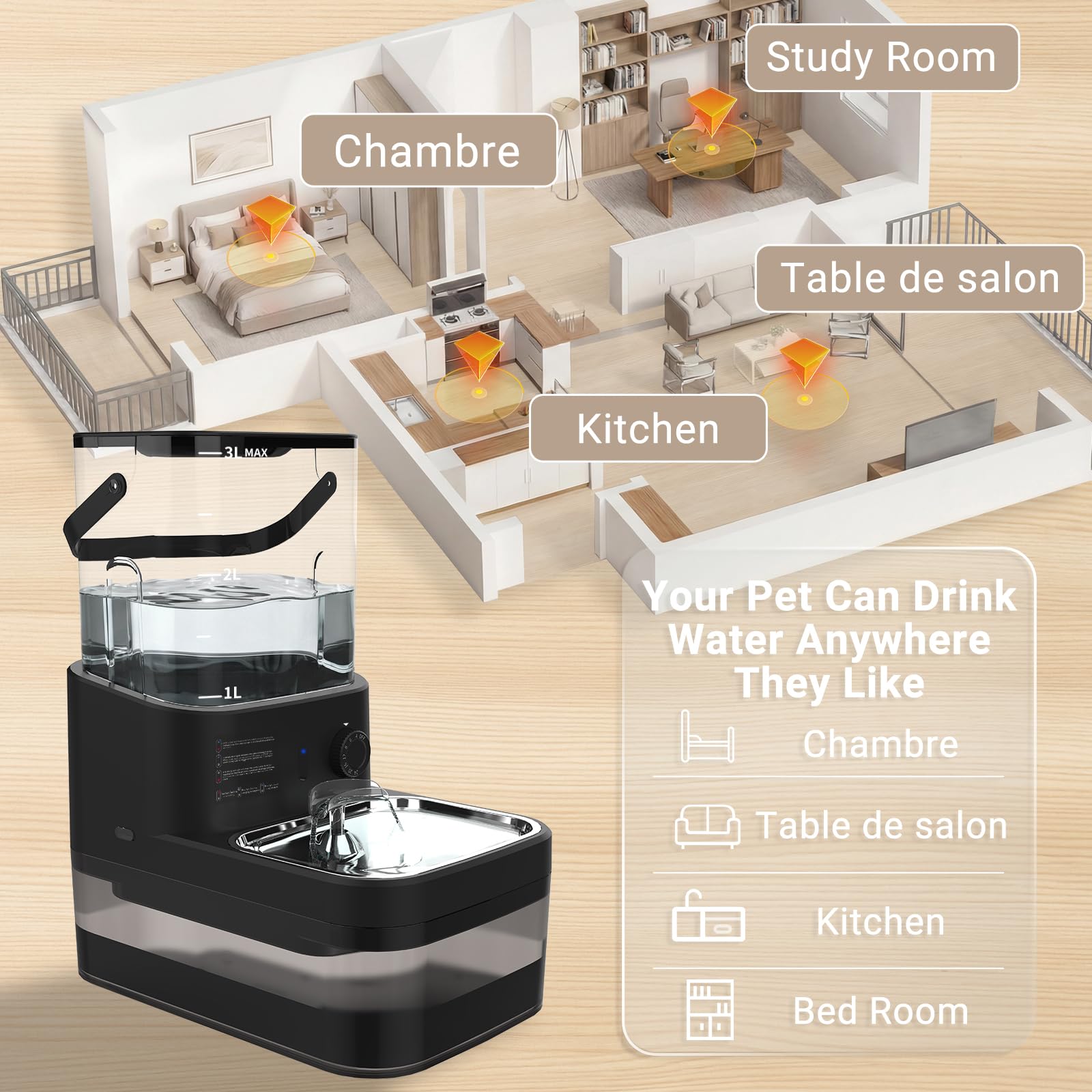 Dwarfuarm 3L Filterless Cat Water Fountain with 4000mAh Battery, BLACK