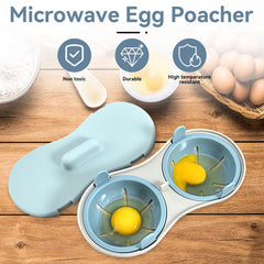 CYRANK 2 Cavity Microwave Egg Poacher Edible Silicone Drain Egg Boiler Set, Blue