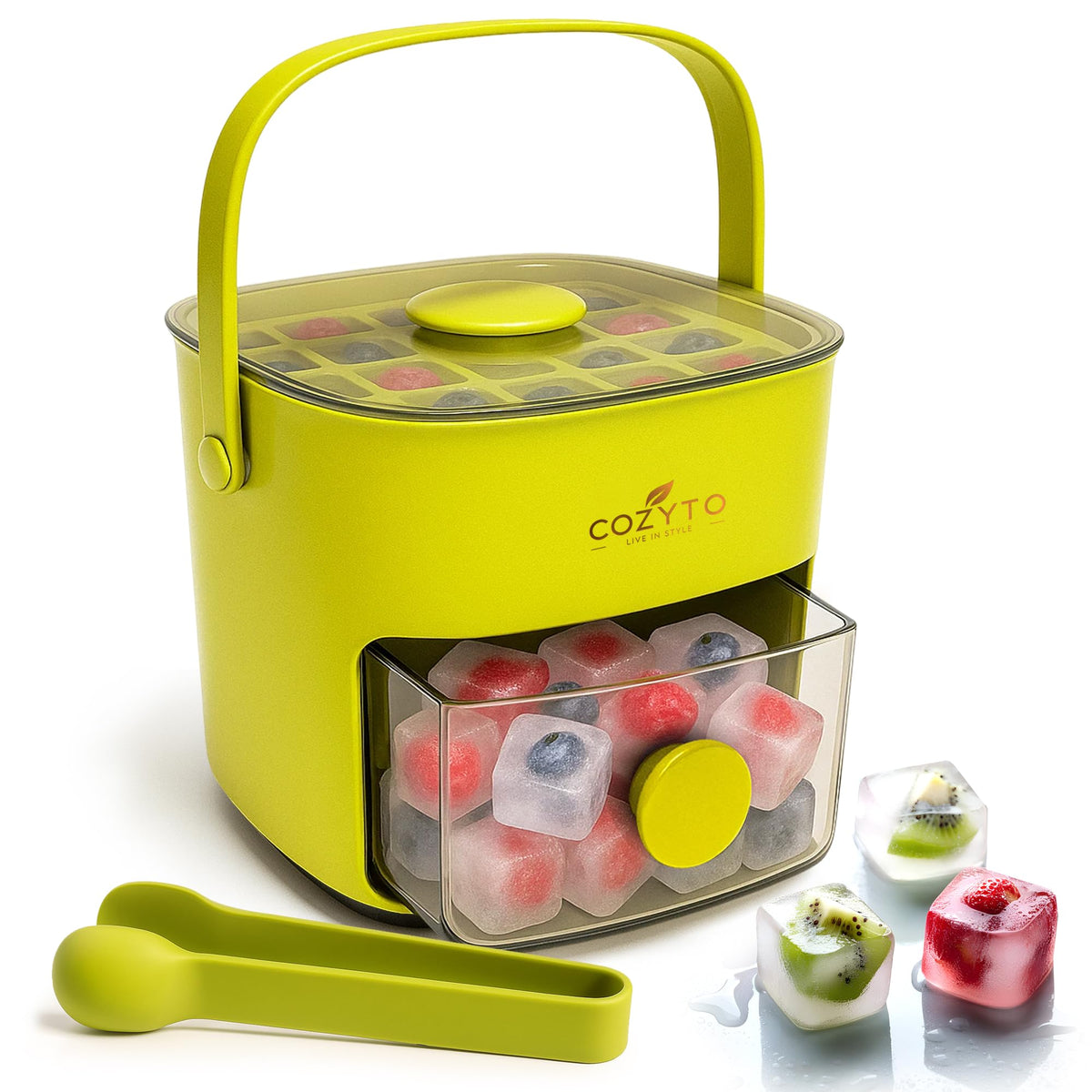 COZYTO CubeGo Ice Cube Tray with Lid and Storage Bin – One-Press Release, 48 Mini Ice Cubes, BPA-Free, Odor-Proof, Includes Scoop – DIY Fruit Ice for Cocktails, Drinks & Smoothies (Avocado Green)