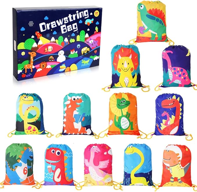 BEEBEERUN 2PCS Kids Drawstring Party Favor Bags for Birthday Party with Cartoon Dinosaur SQ004
