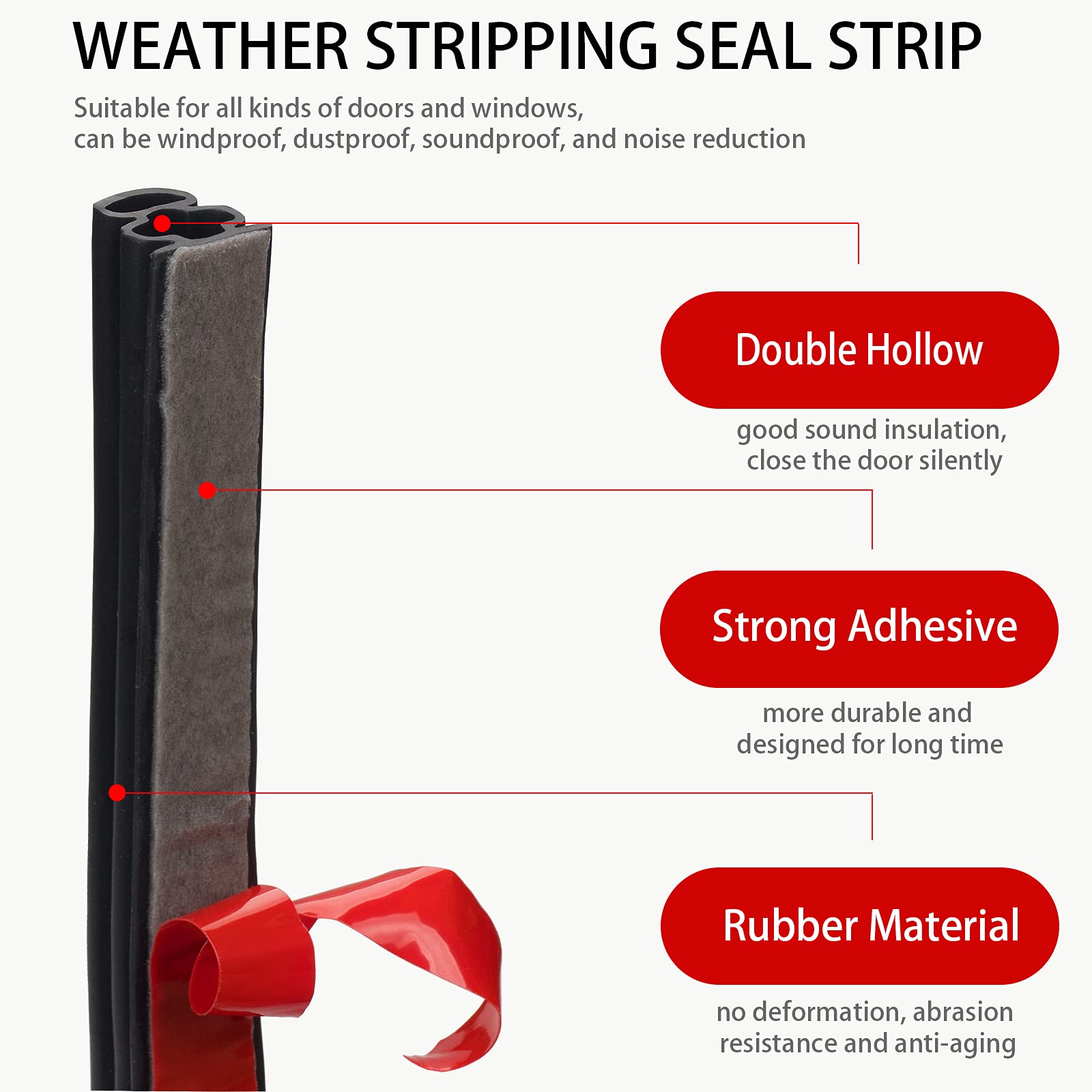 19.68ft Self-Adhesive Backing Weather Stripping Seal Strip for Doors/Windows, Easy Cut to Size, Black