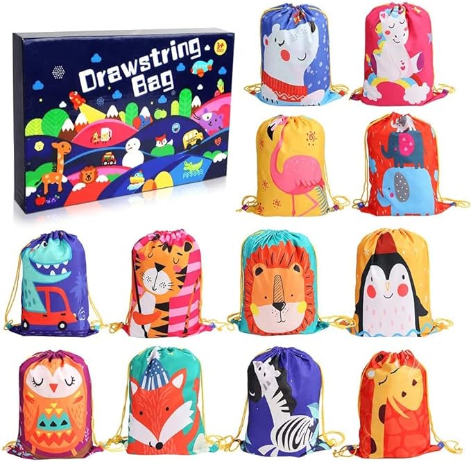 BEEBEERUN 12PC Kids Drawstring Party Favor Bags for Birthday Party Gift Animal SQ005