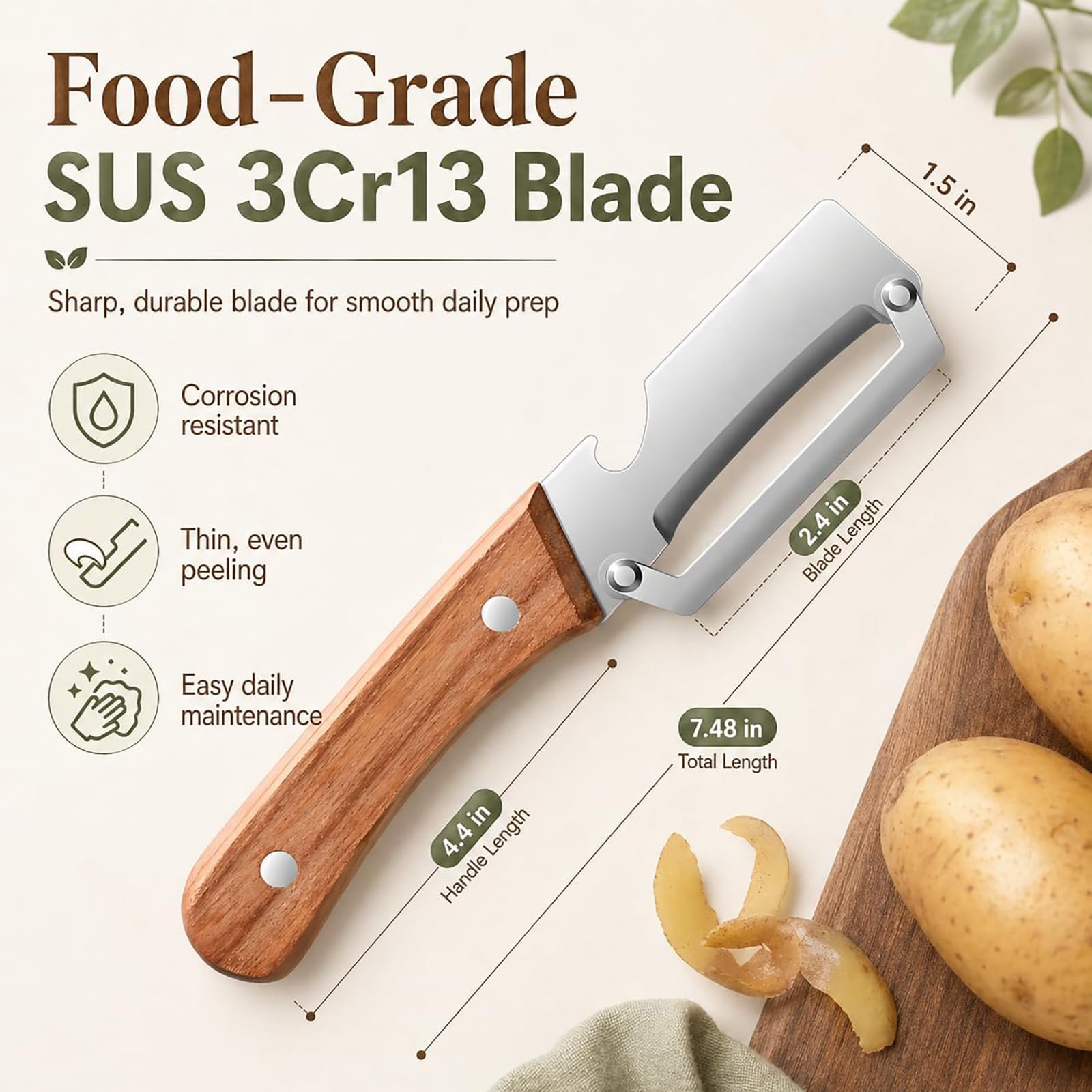 EddHomes Multifunctional Vegetable Zero Snag Peeler with Wooden Handle and Bottle Opener