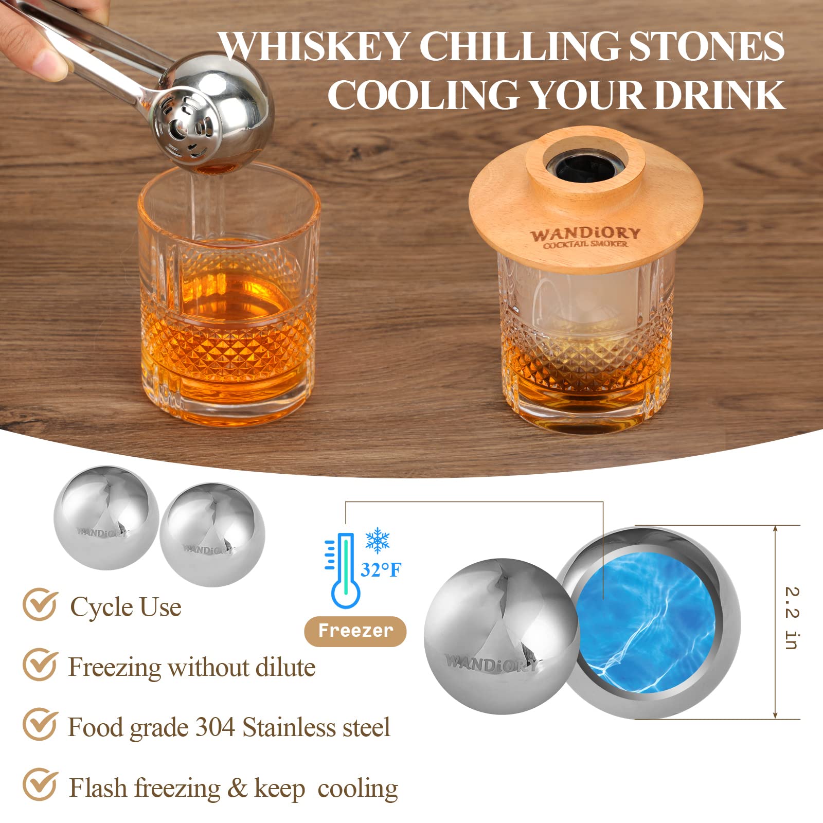Cocktail Smoker Kit with Torch, WANDiORY Original Bourbon Whisky Drink Smoker Infuse Kit Includes 2 Whiskey Stone, Gifts for Men/Him/Father/Halloween/Christmas