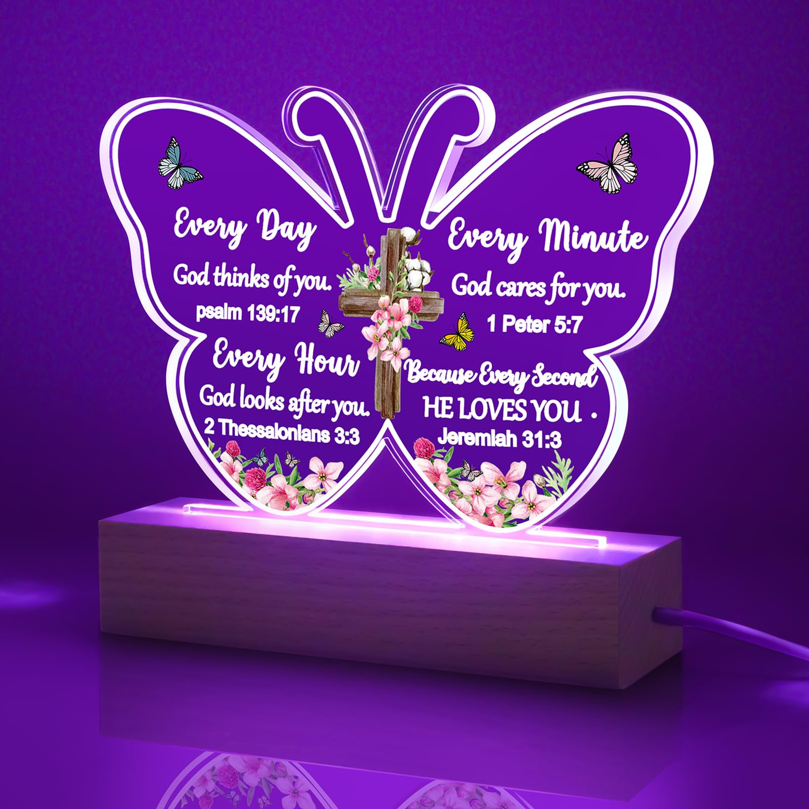 Christian Biblical Faith Based Religious Church Scripture Acrylic Butterfly Night Light with Bible Verse Prayer Butterfly Decor
