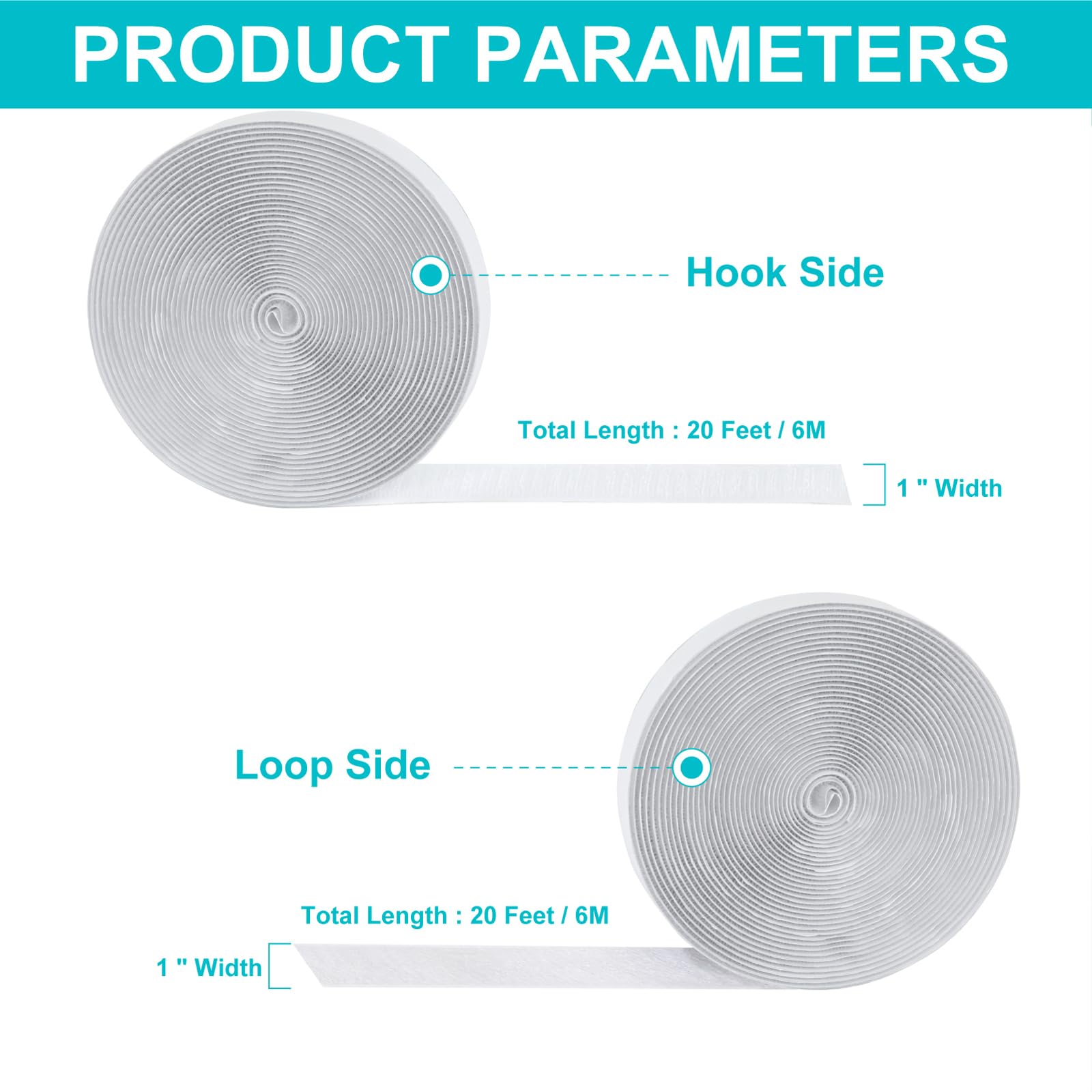 20Ft*1 inch Hook and Loop Tape Roll with Heavy Duty Adhesive - Fastener Mounting Tapes Strips with Sticky Back for Sewing, Crafting,DIY- Indoor or Outdoor Use