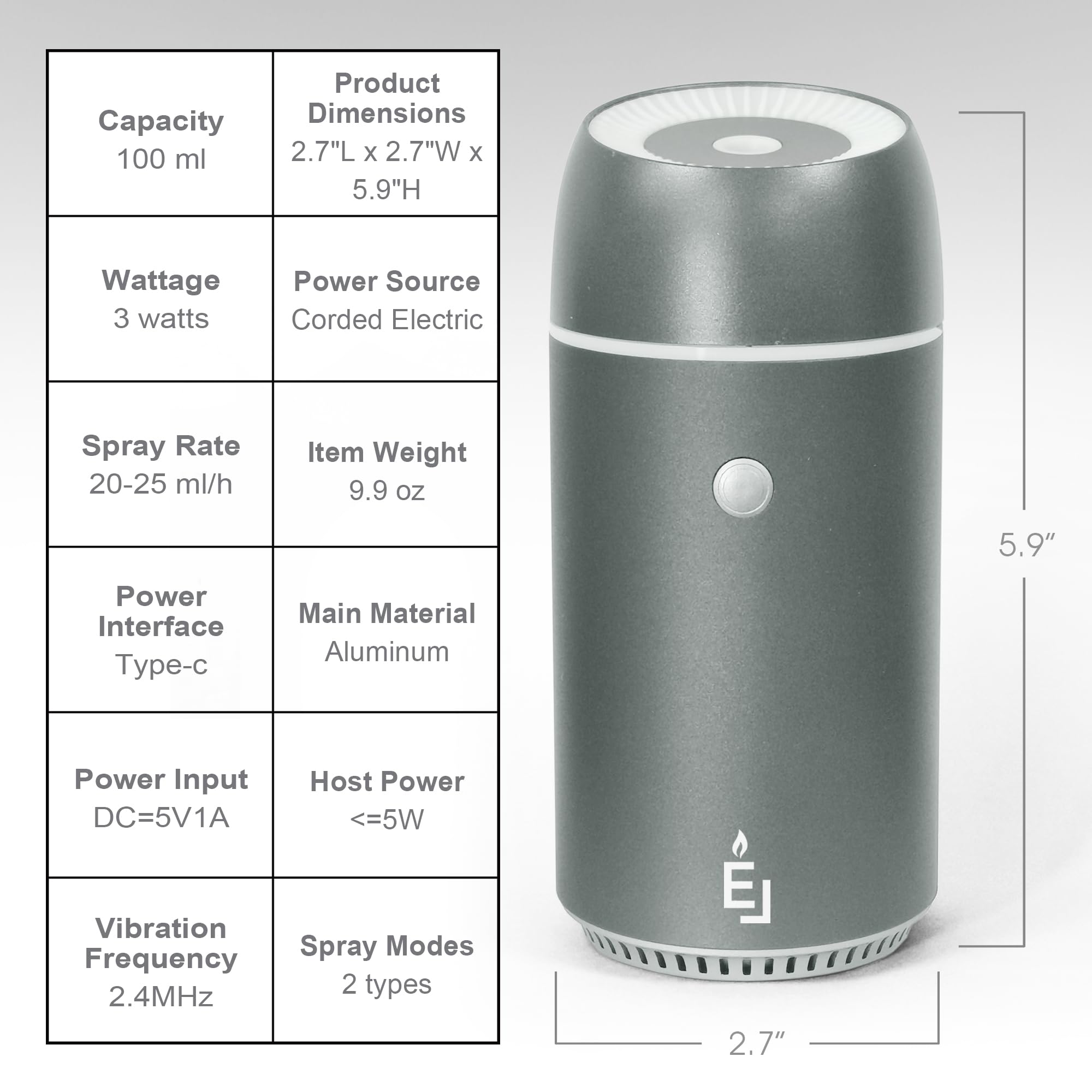 Earnest Living Essential Oil Diffusers Aluminium Car Air Fresheners Humidifier for Essential Oils Car Aromatherapy Diffuser 100ml Car Diffuser Timers Night Light Auto Off USB Portable Silver Gift