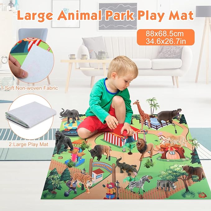 Aomola 24PCS Plastic Animal Toy Figure with Activity Play mat and Trees,Realistic Animal Figurines playset,Educational Jungle Toy Birthday Gift T18