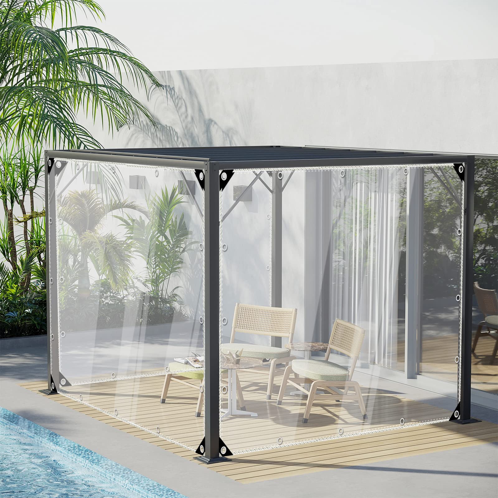 Clear Tarps Heavy Duty Waterproof, 15Mil Transparent PVC Vinyl Tarpaulin with Grommets, Ropes, Reinforced Edge, Tear-Resistant, Anti-UV for Greenhouse, Patio, Garden, Porch, Pavilion, Outdoor
