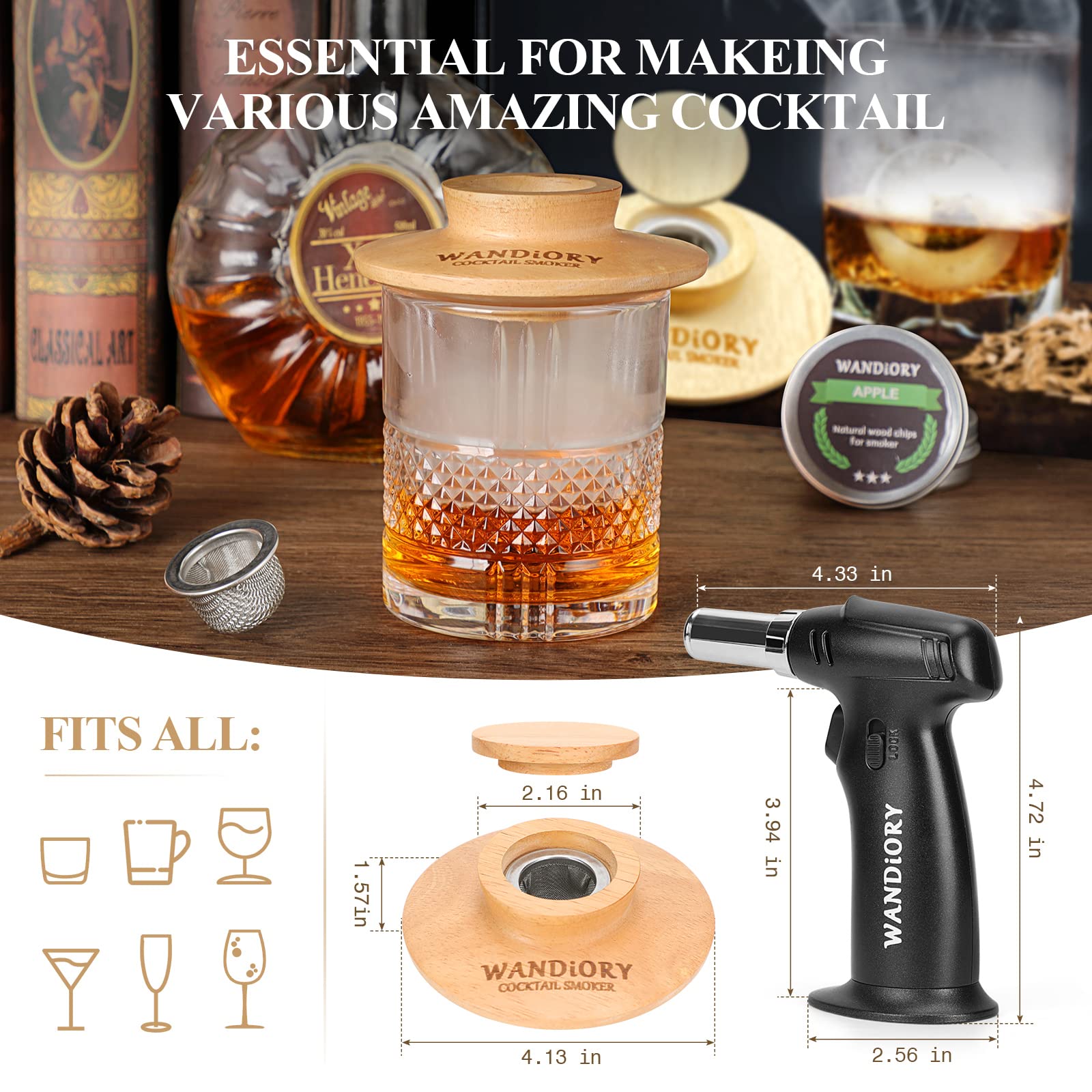 Cocktail Smoker Kit with Torch, WANDiORY Original Bourbon Whisky Drink Smoker Infuse Kit Includes 2 Whiskey Stone, Gifts for Men/Him/Father/Halloween/Christmas