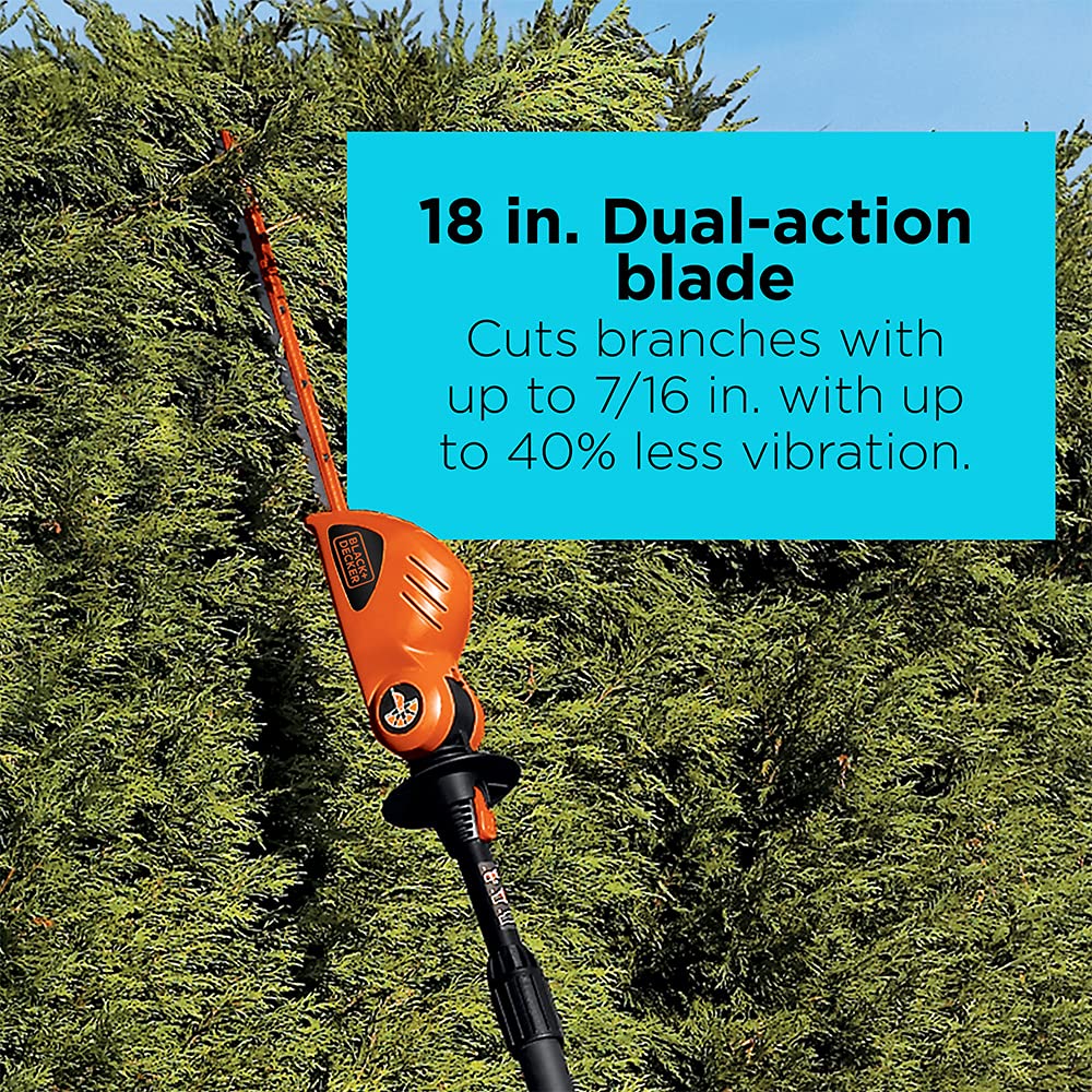BLACK+DECKER 20V MAX* Cordless Pole Hedge Trimmer 18in, Dual Action Blades, Cut up to 11 ft High LPHT120