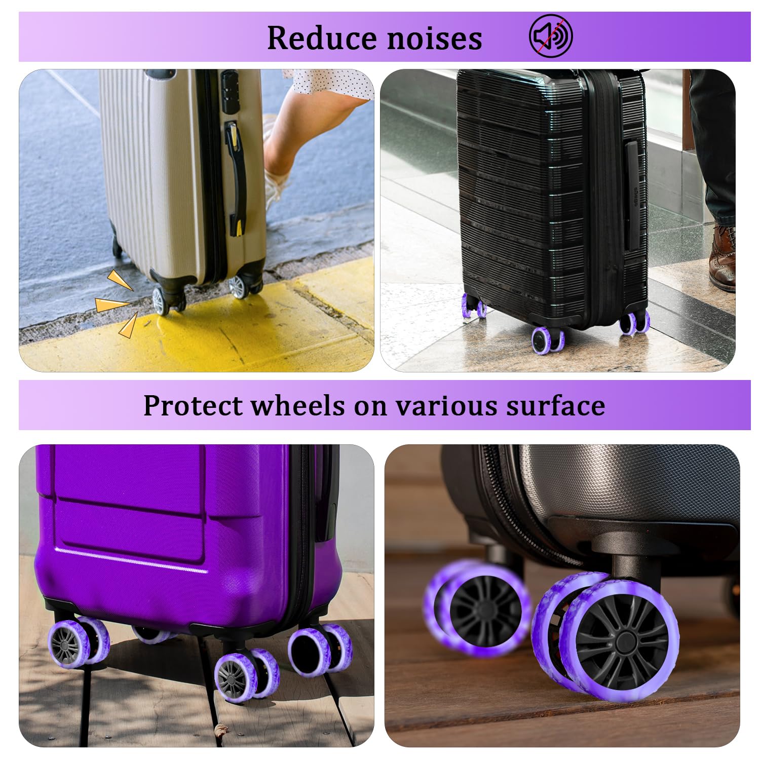 BOXOB 8pcs Thickened Dopamine Silicone Luggage Spinner Wheel Covers Luggage Wheel Accessories for Most 8 Caster Luggage, Purple