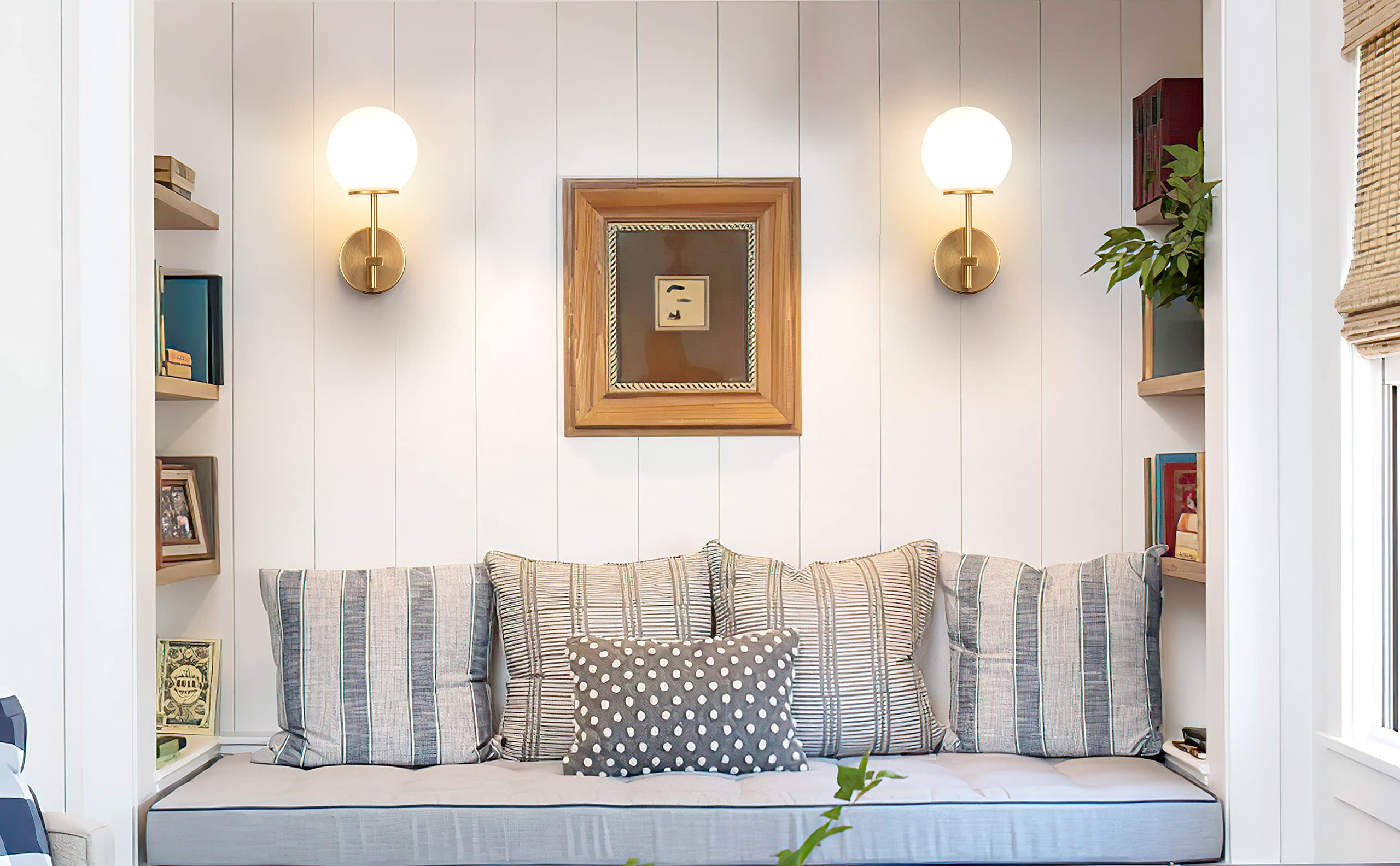 Battery Operated Wall Sconces Set of 2,Not Hard Wired Brass Gold -White Glass Globe Wall Lights, Wireless Lamp Fixture for Bedroom, Living Room, Bathroom, Hallway