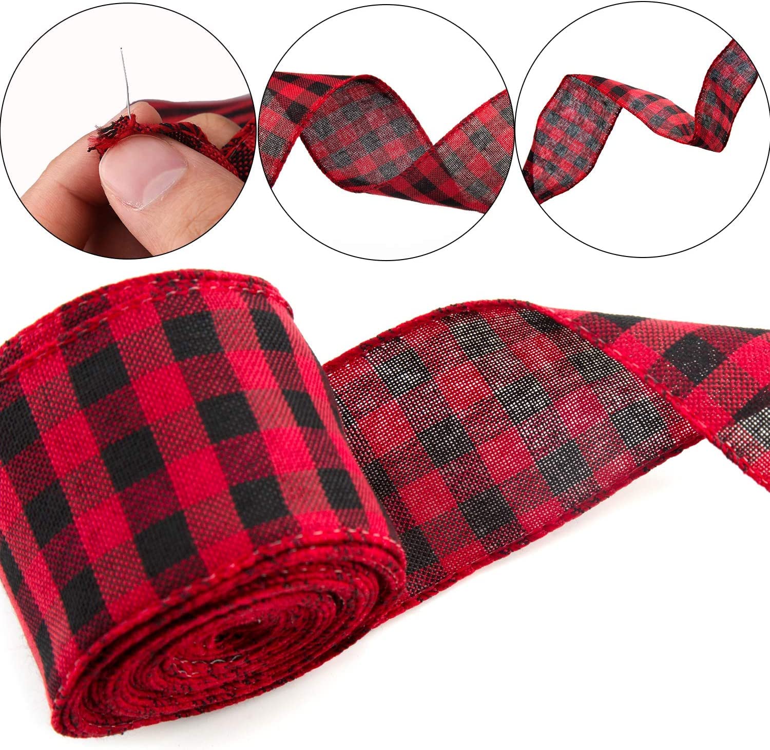 AIEX 3 Rolls Christmas Wired Ribbons, 2.5”x10 Yards Black Red/Black White Buffalo Plaid Ribbons and Natural Burlap Ribbon for DIY Craft, Gift Wrapping, Christmas Wedding Craft Decorations